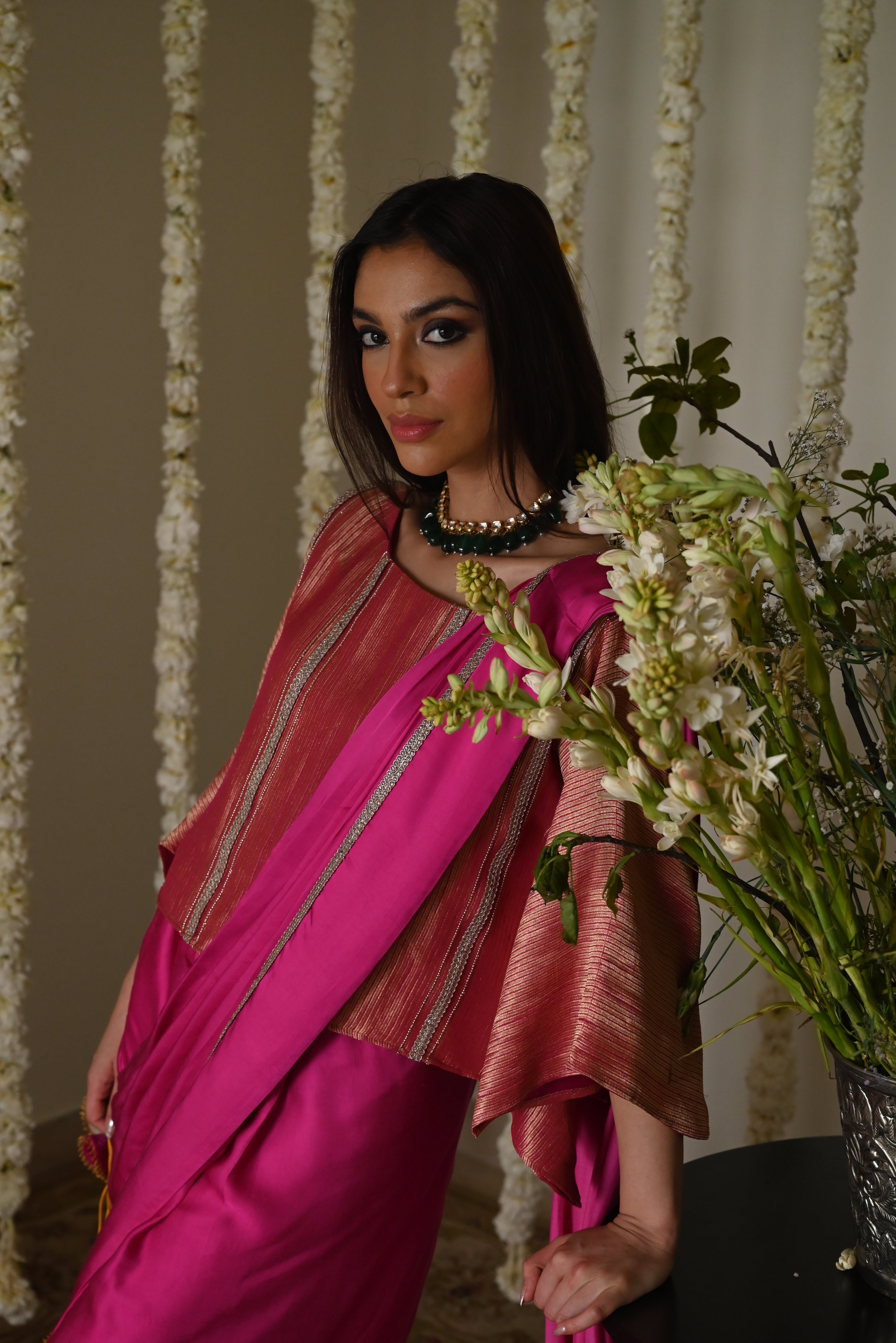Desi Girl Ready to Wear Saree in Hot Pink  Batwing Blouse