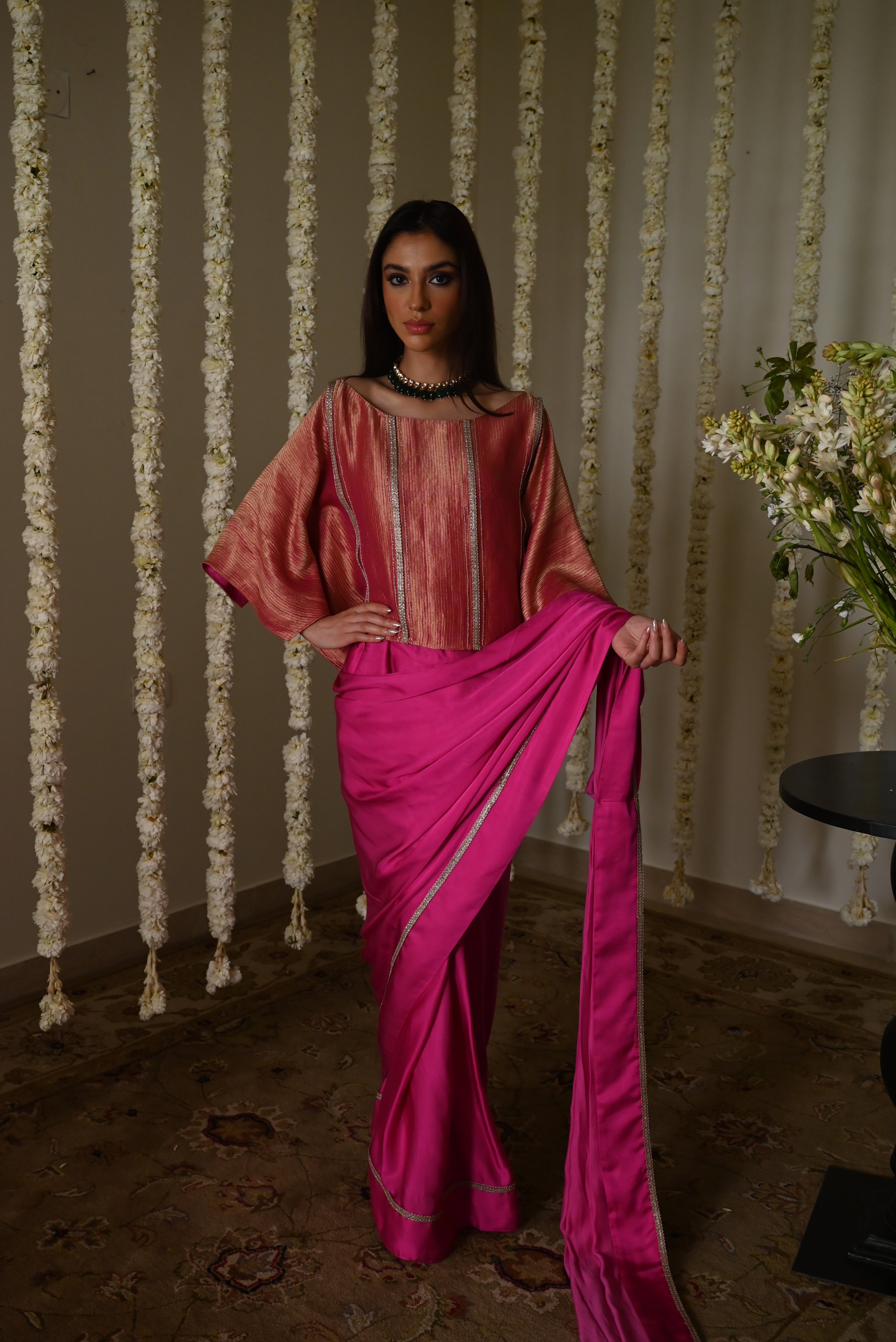 Desi Girl Ready to Wear Saree in Hot Pink  Batwing Blouse