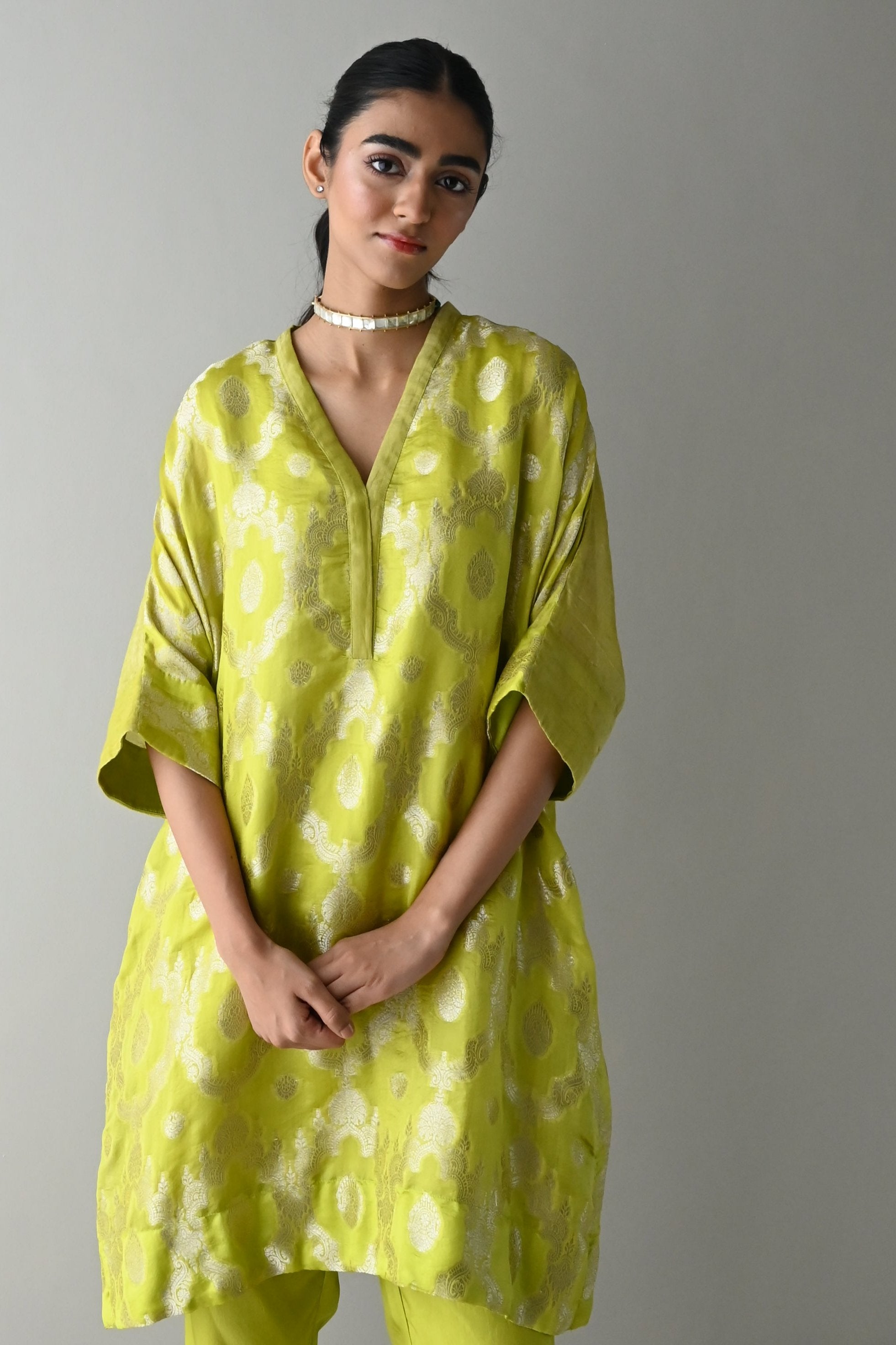 Shahi Kaftan in Neon Green Brocade with Neon Green Pant