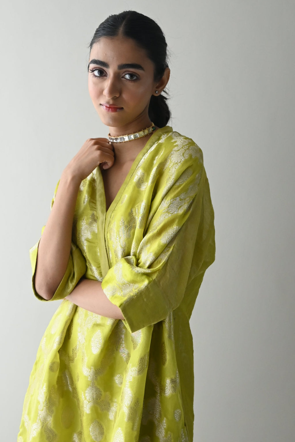 Shahi Kaftan in Neon Green Brocade with Neon Green Pant
