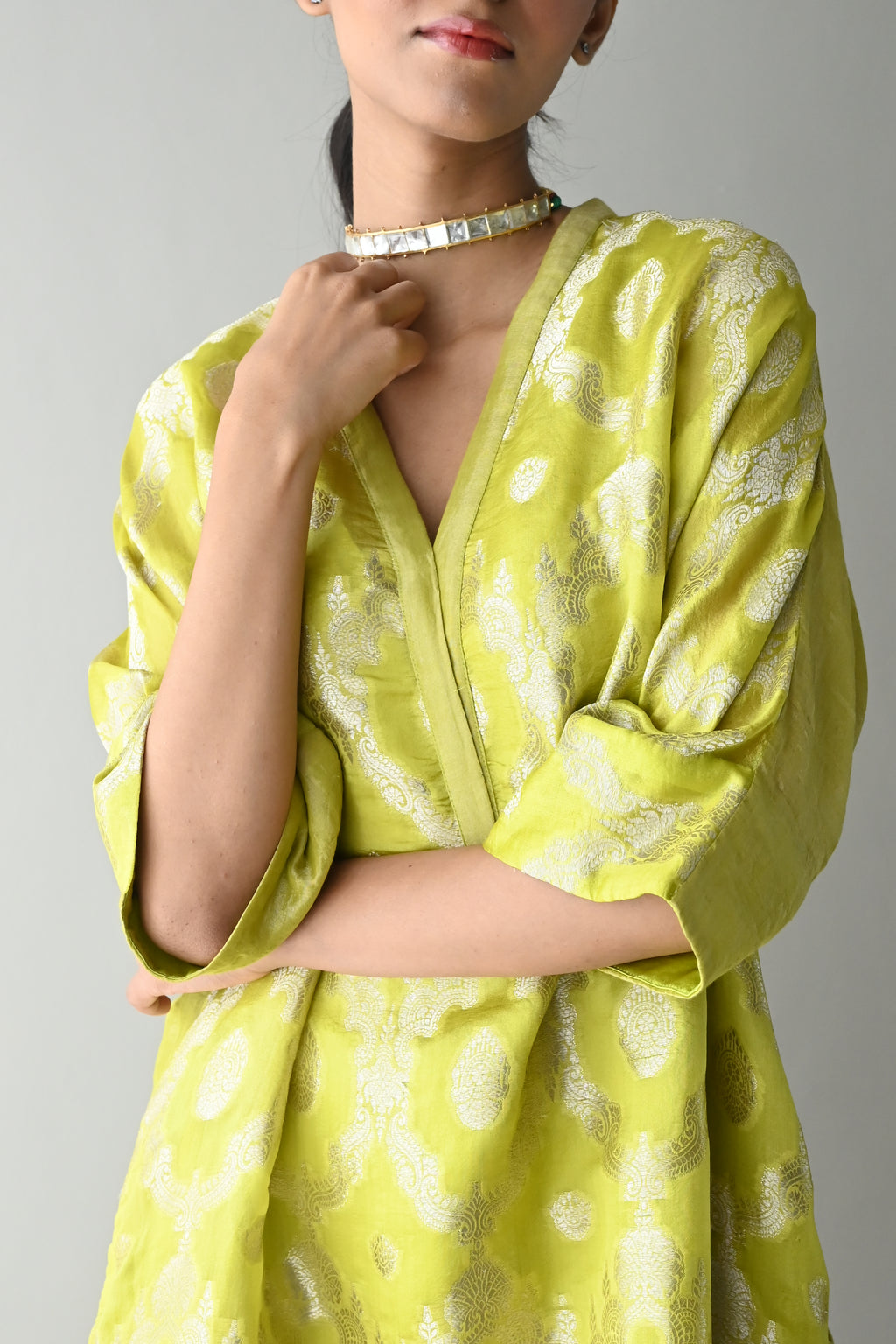 Shahi Kaftan in Neon Green Brocade with Neon Green Pant