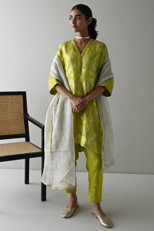 Shahi Kaftan in Neon Green Brocade with Neon Green Pant