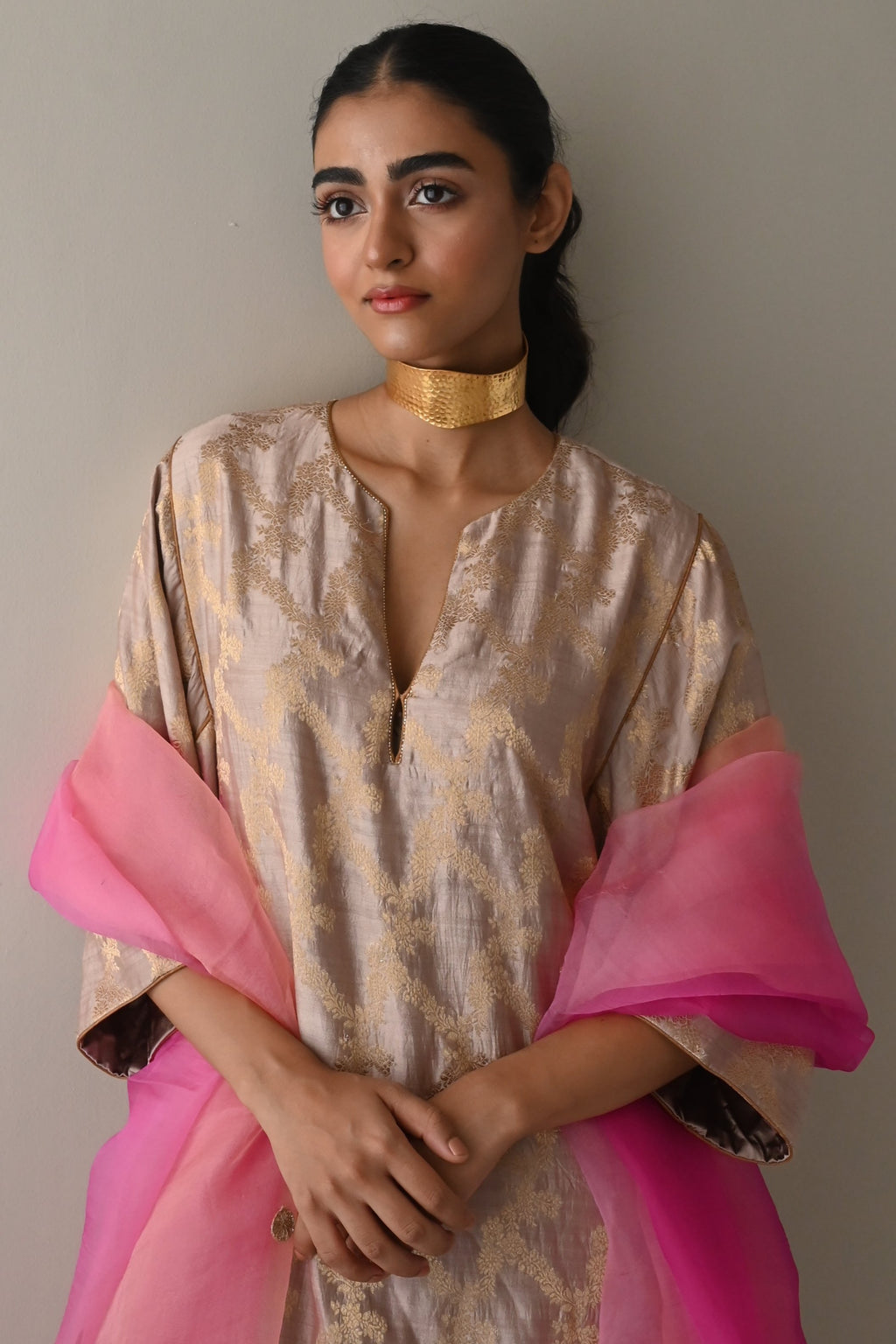 Jhabla Kurta in Nude Brocade with Hot Pink Pant