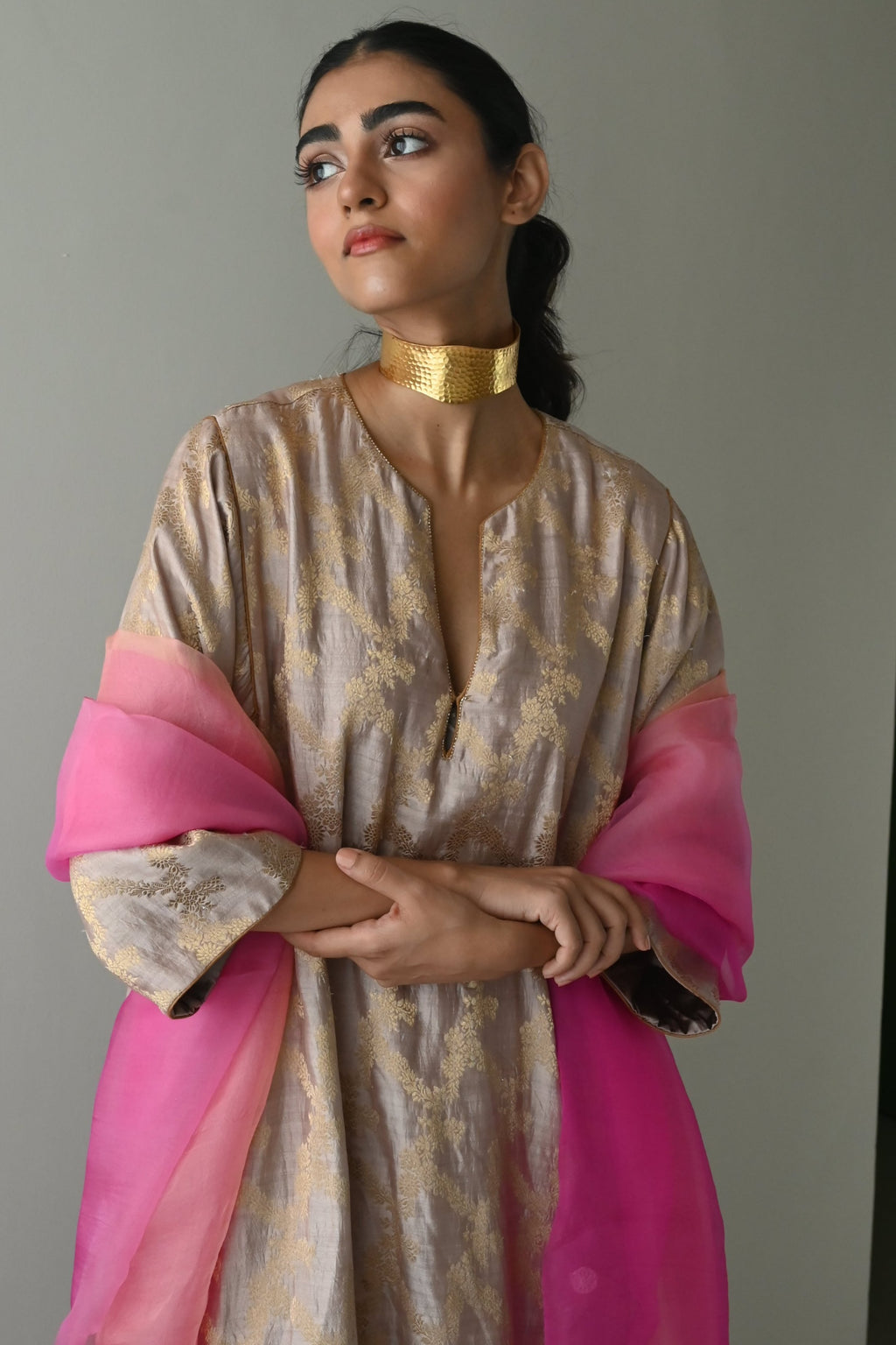 Jhabla Kurta in Nude Brocade with Hot Pink Pant