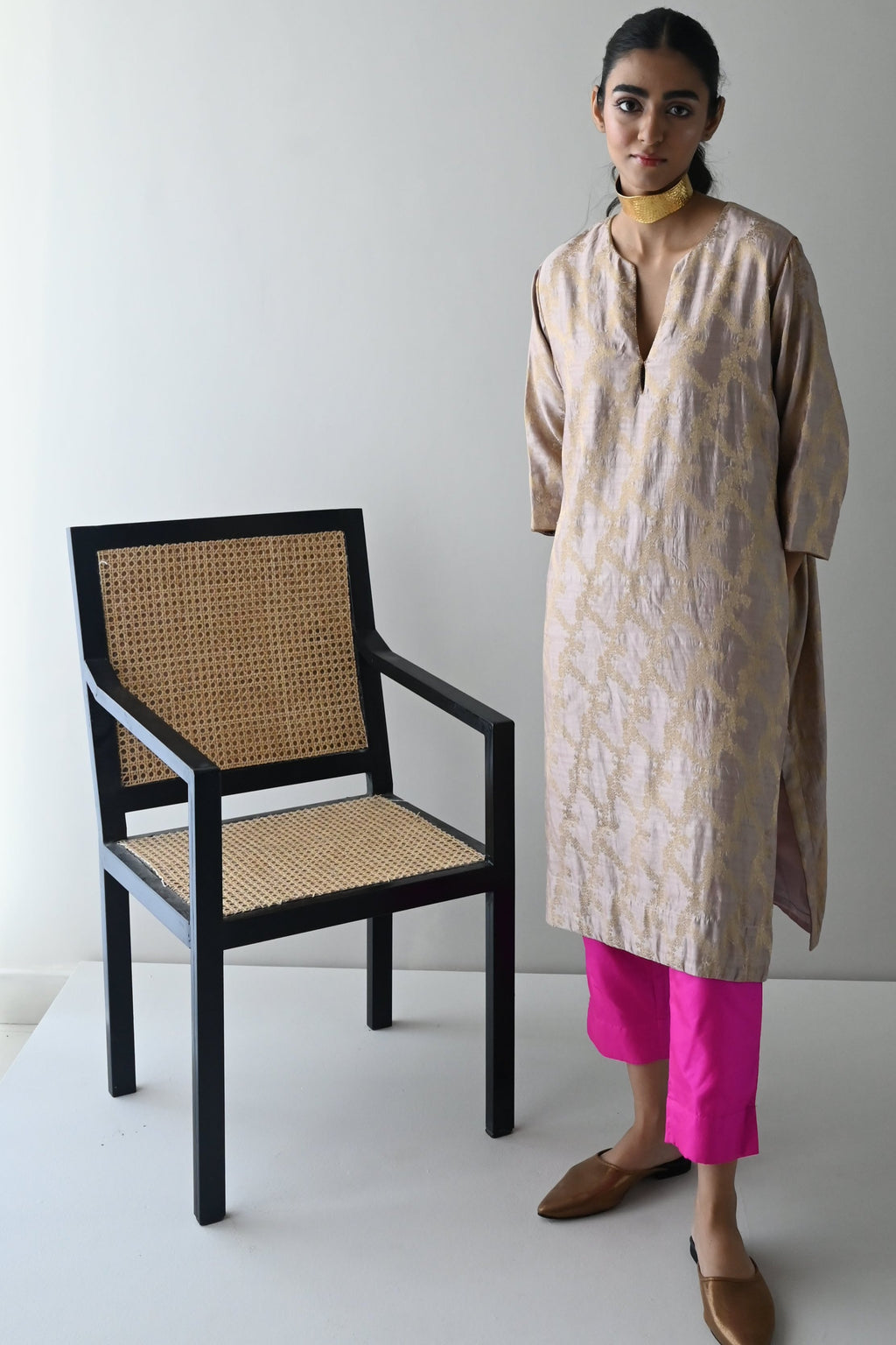 Jhabla Kurta in Nude Brocade with Hot Pink Pant