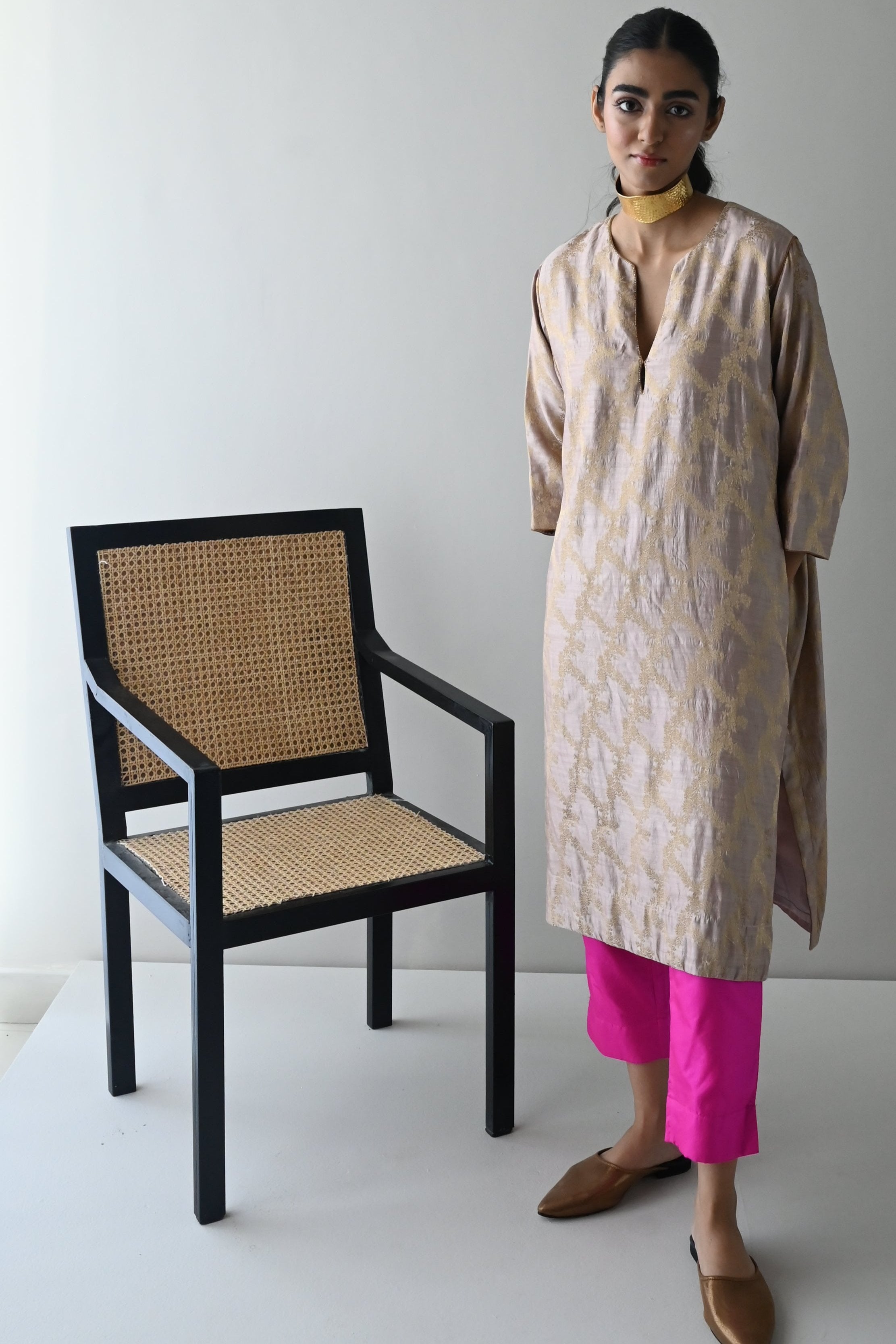 Jhabla Kurta in Nude Brocade with Hot Pink Pant