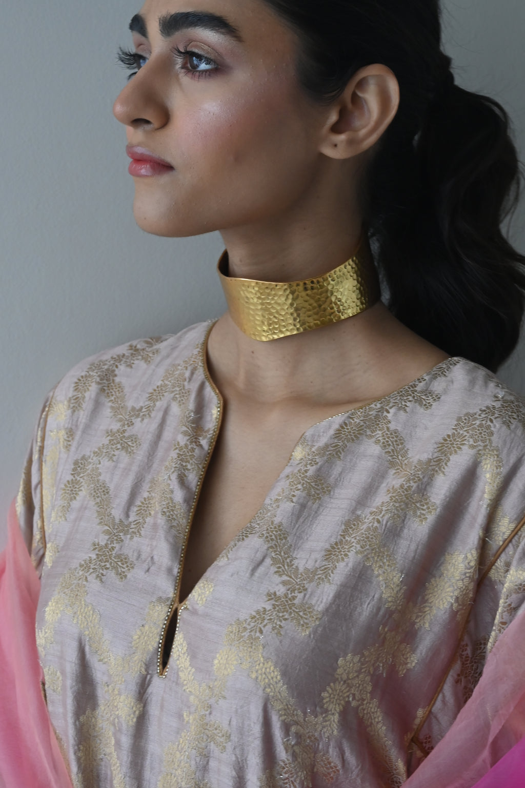 Jhabla Kurta in Nude Brocade with Hot Pink Pant