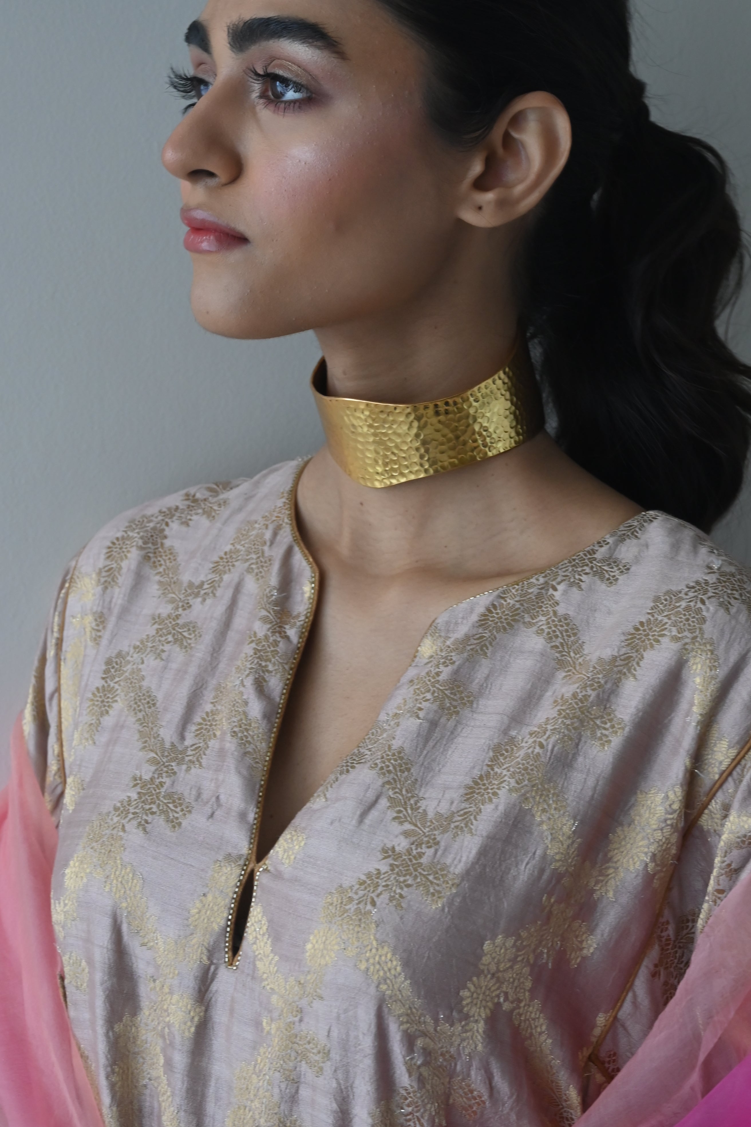 Jhabla Kurta in Nude Brocade with Hot Pink Pant