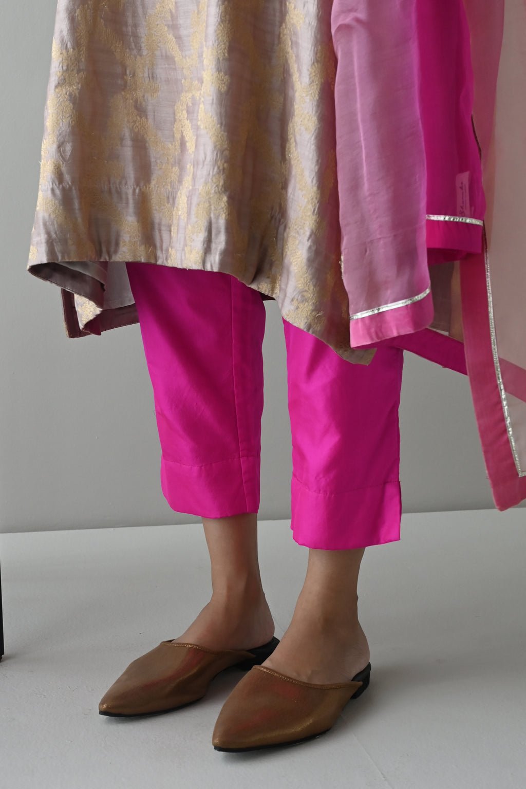 Jhabla Kurta in Nude Brocade with Hot Pink Pant
