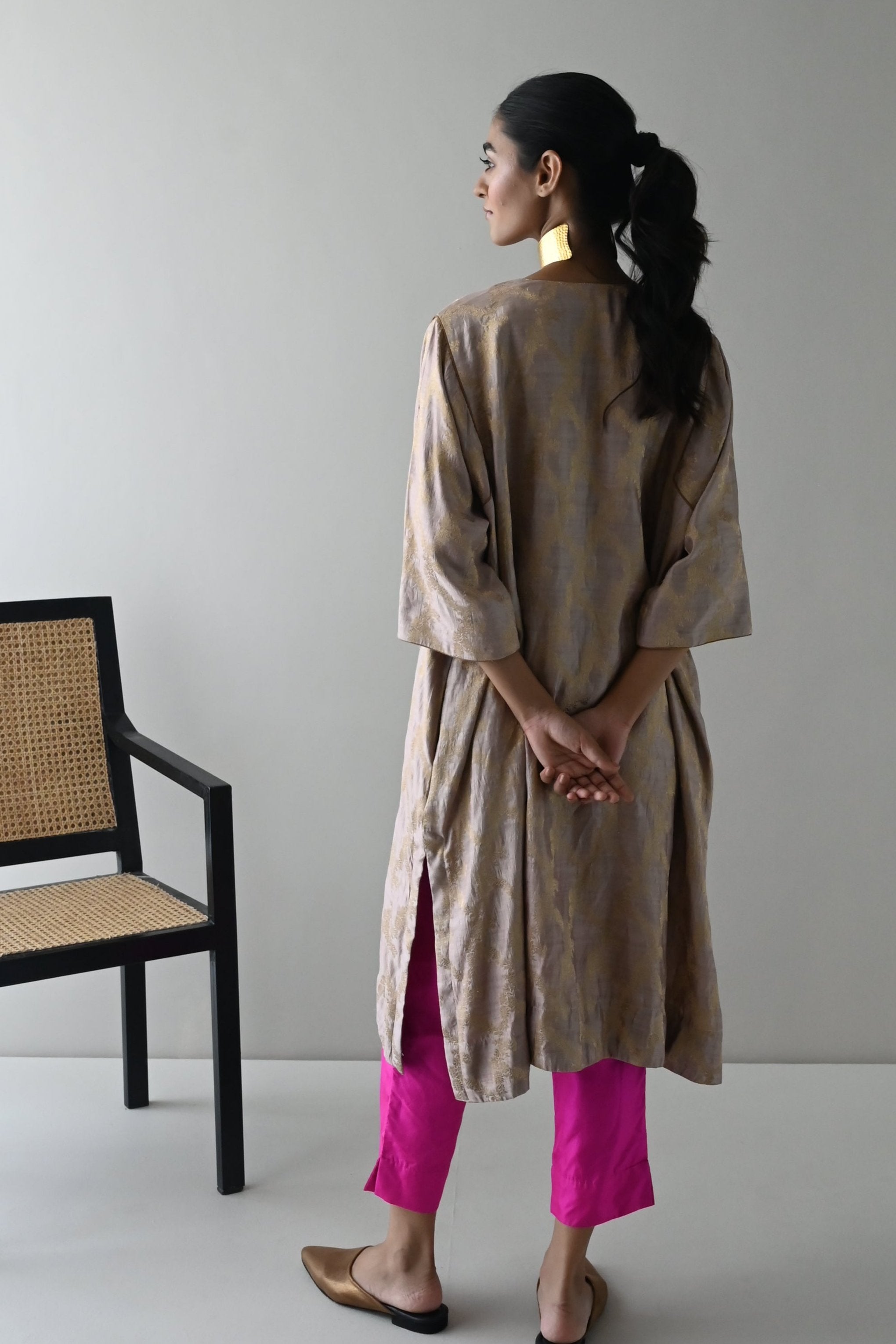 Jhabla Kurta in Nude Brocade with Hot Pink Pant