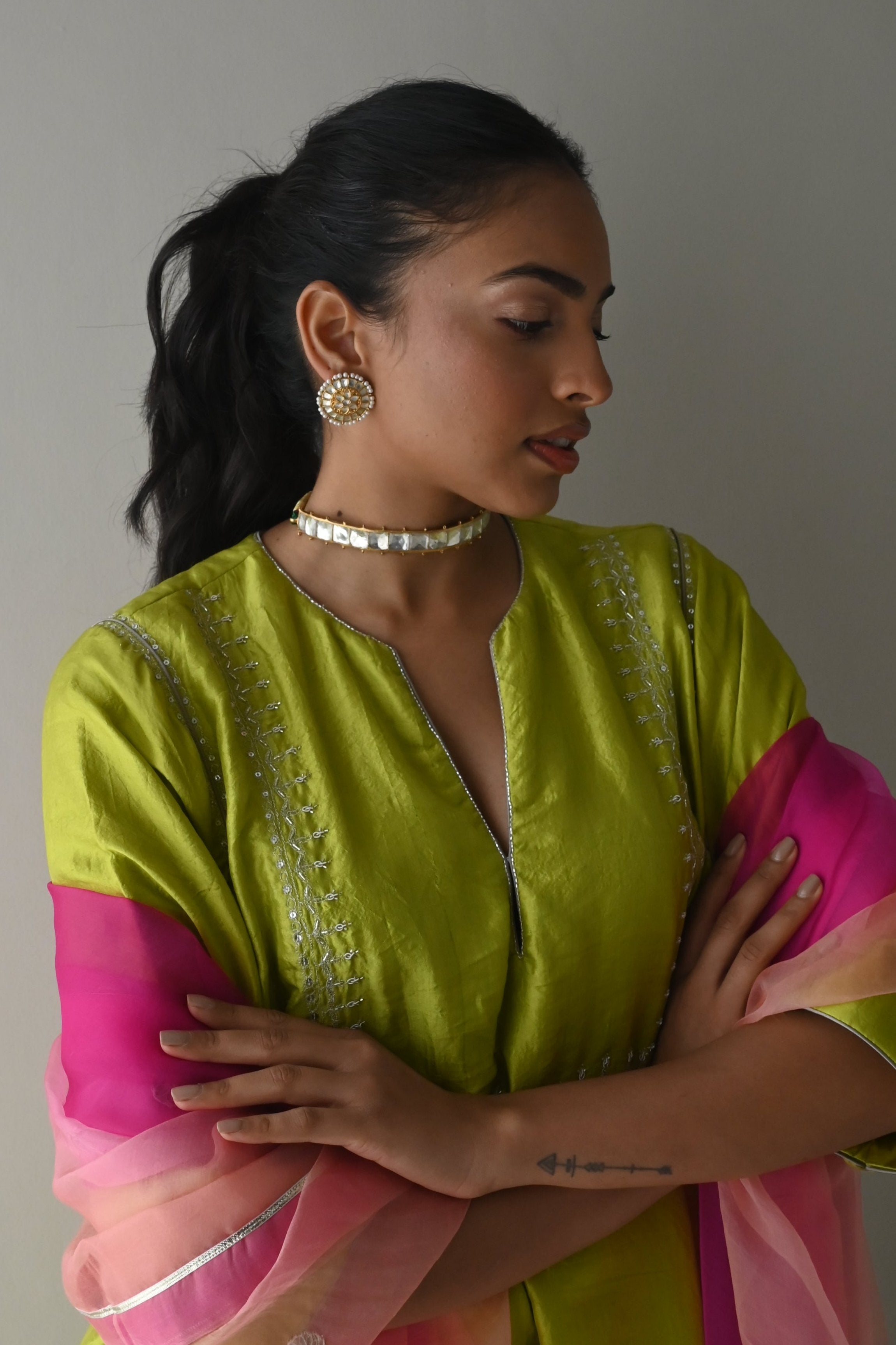 Jhabla Kurta in Neon Green Pure Silk with Neon Green Pant