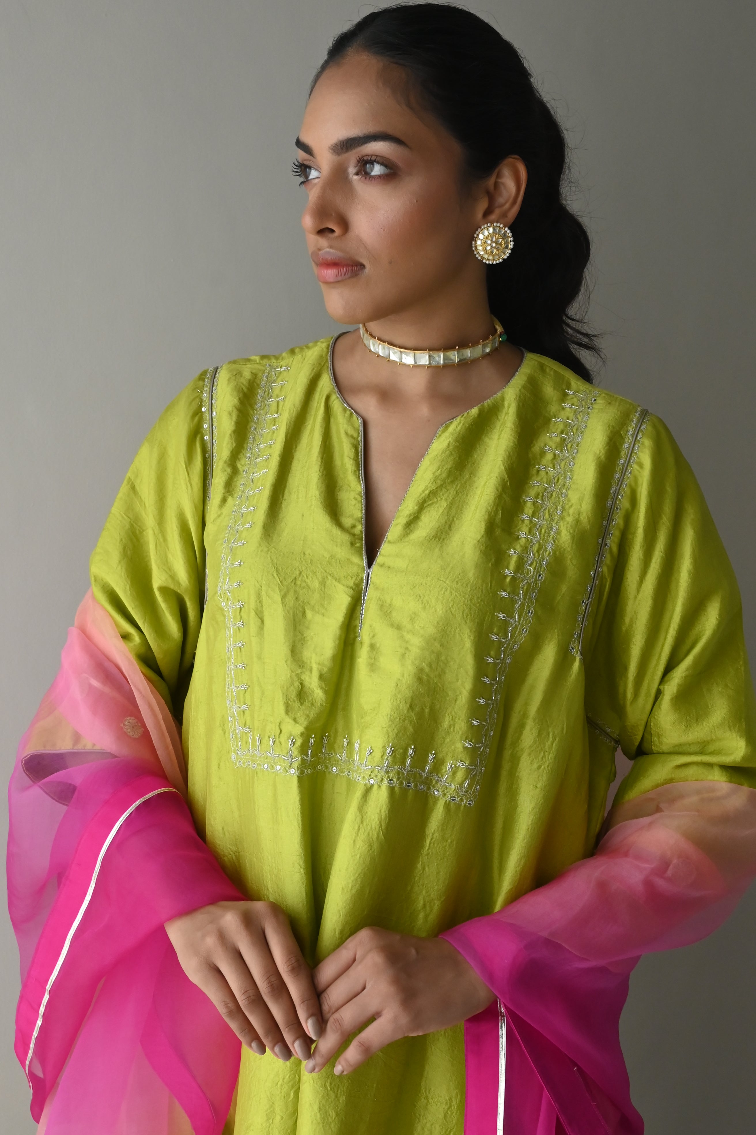 Jhabla Kurta in Neon Green Pure Silk with Neon Green Pant