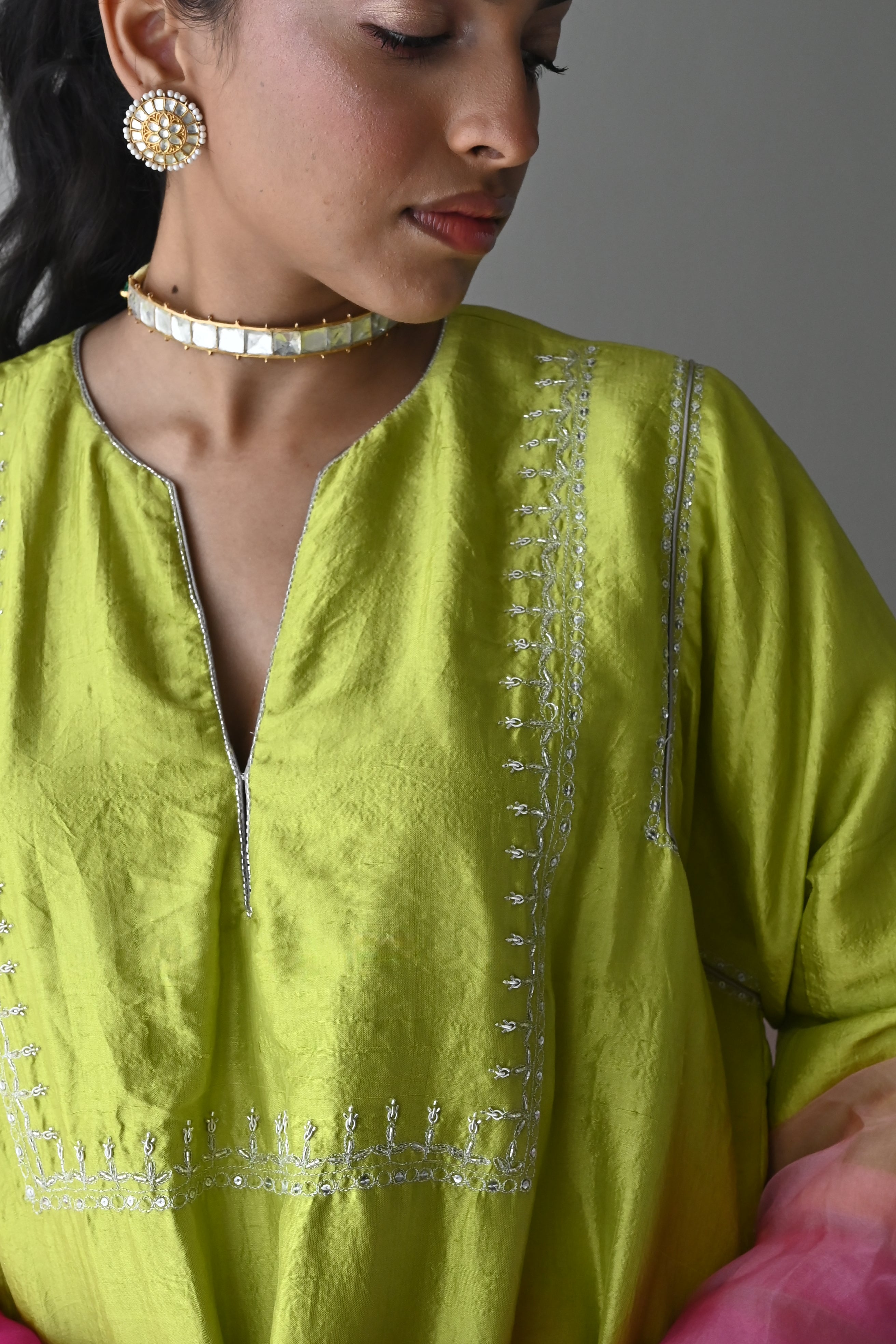 Jhabla Kurta in Neon Green Pure Silk with Neon Green Pant