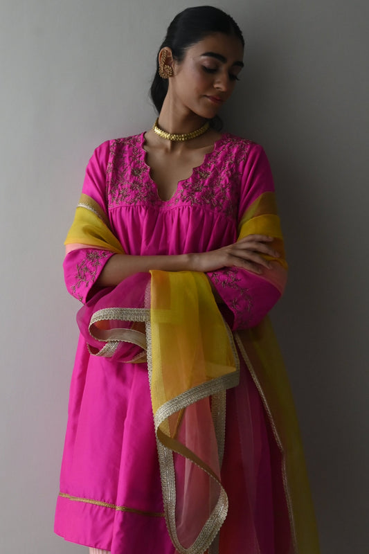 Empireline Kurta in Hot Pink Pure Silk with Rose Pink Stripe Salwar