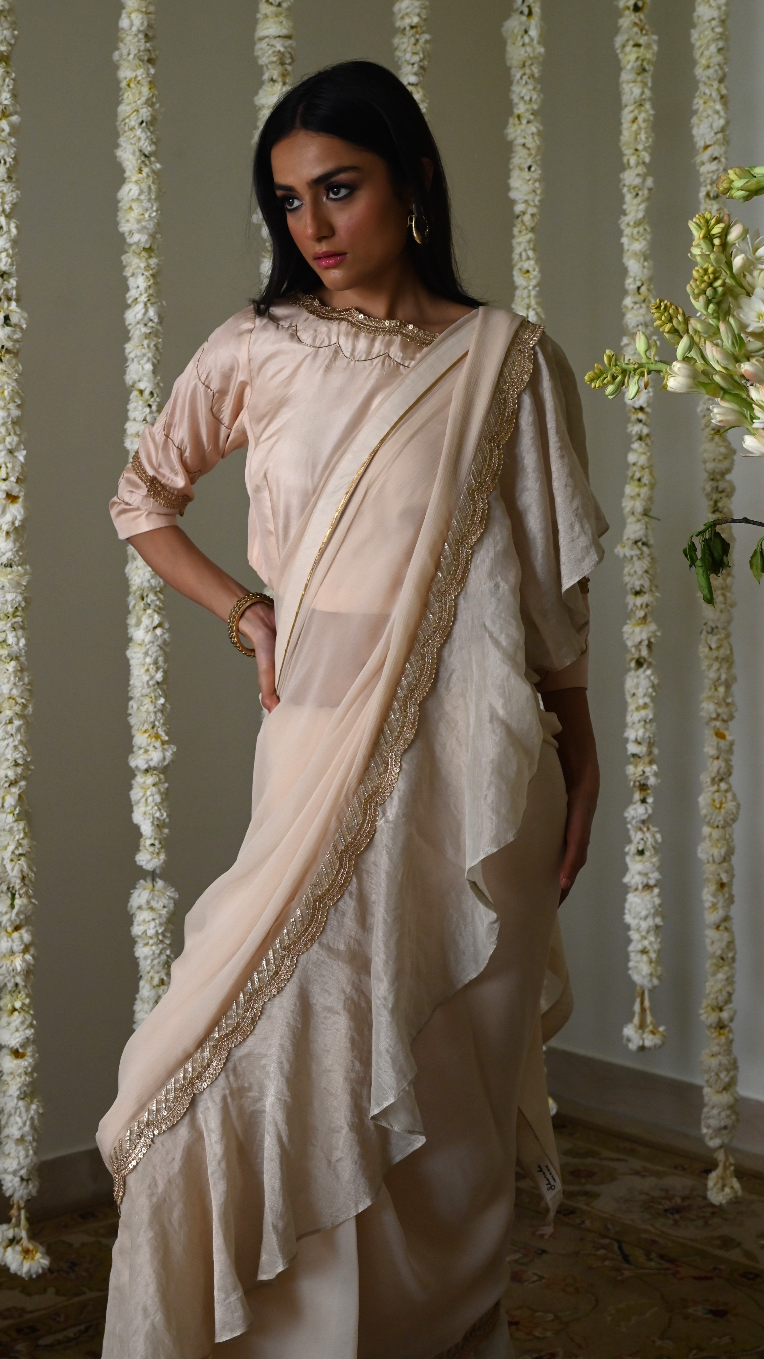 Alia Chiffon Frill Saree in Deep Ivory