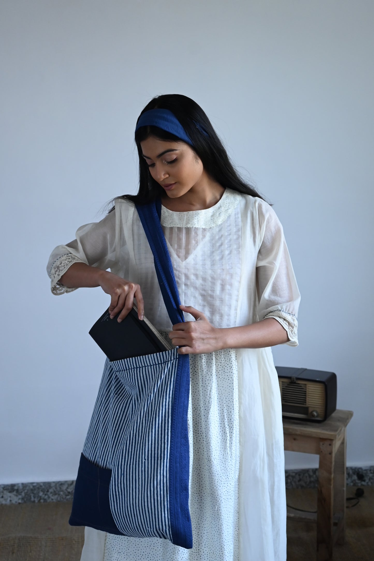 Anna Dress in White Chanderi & Stripes