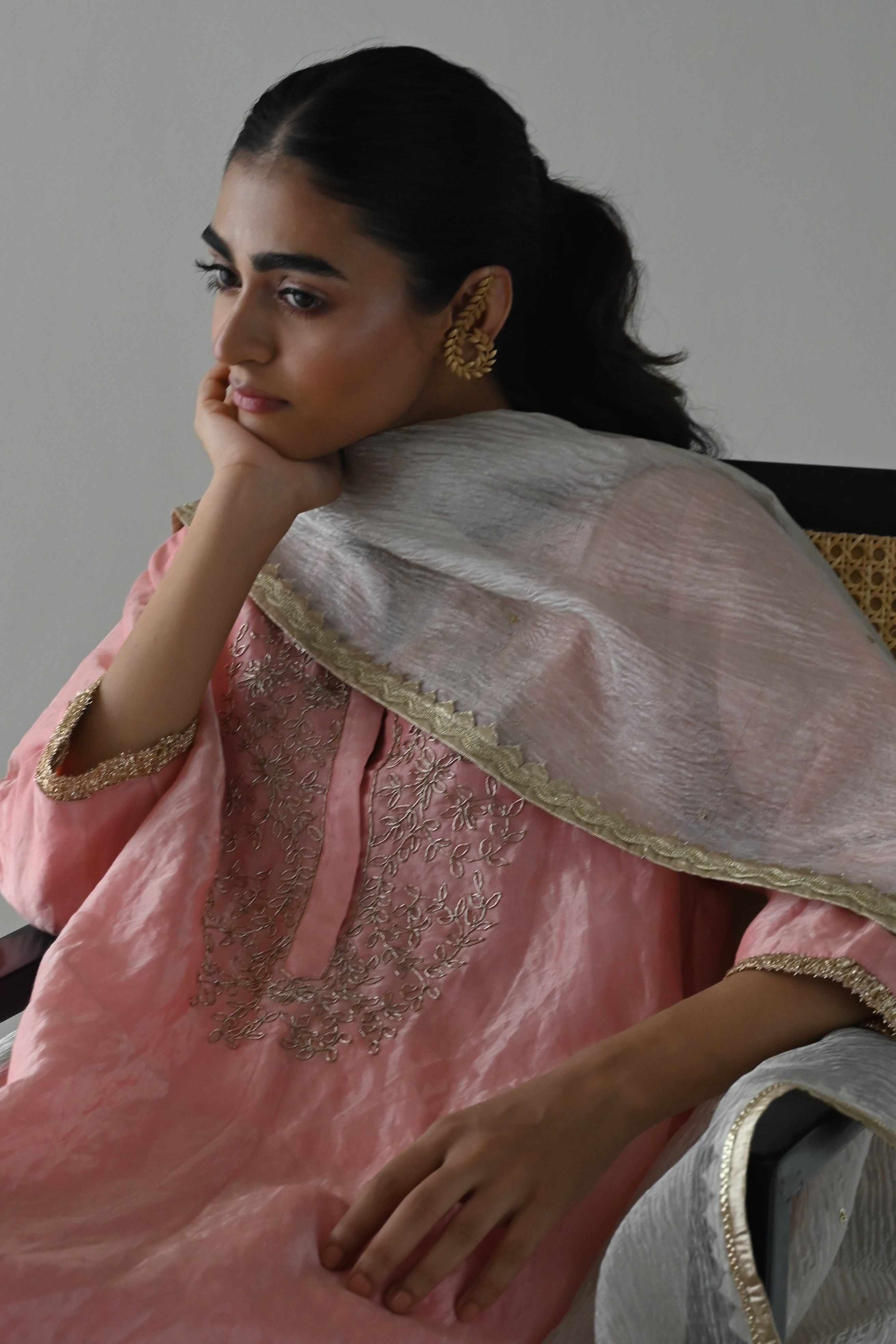 Boho Kurta in Rose Pink Handloom Tissue with Rose Pink Pant