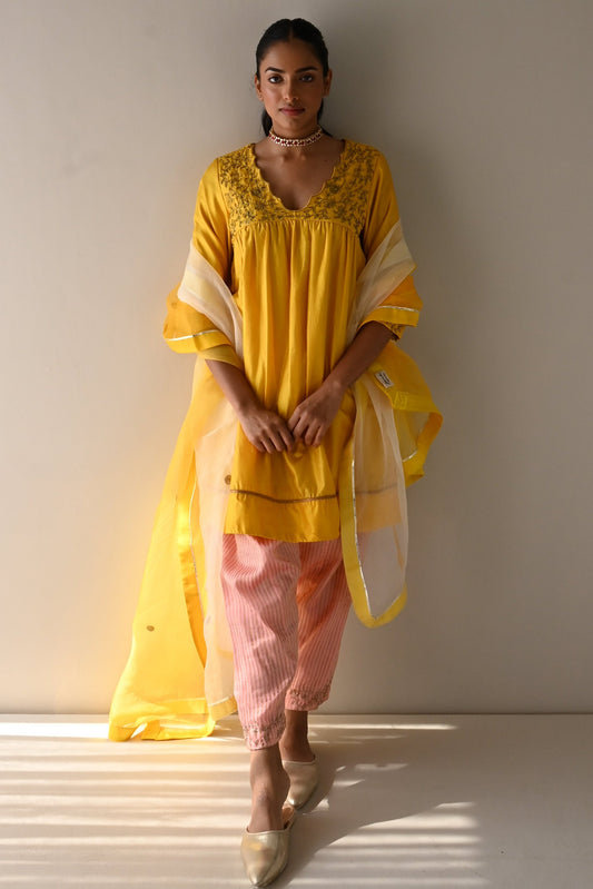 Empireline Kurta in Yellow Pure Silk with Rose Pink Stripe Salwar
