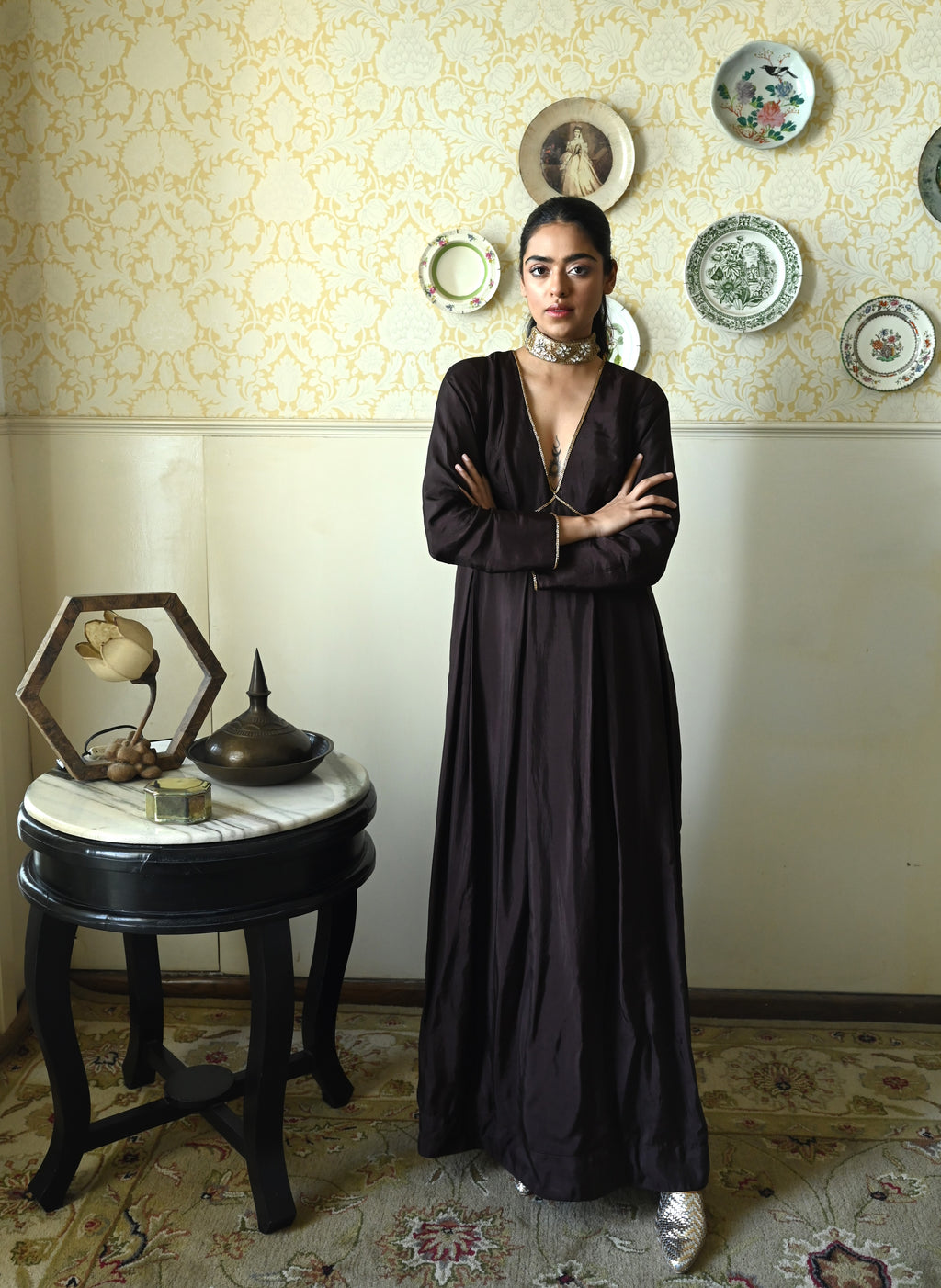 Princess Maxi Dress in Brown Silk