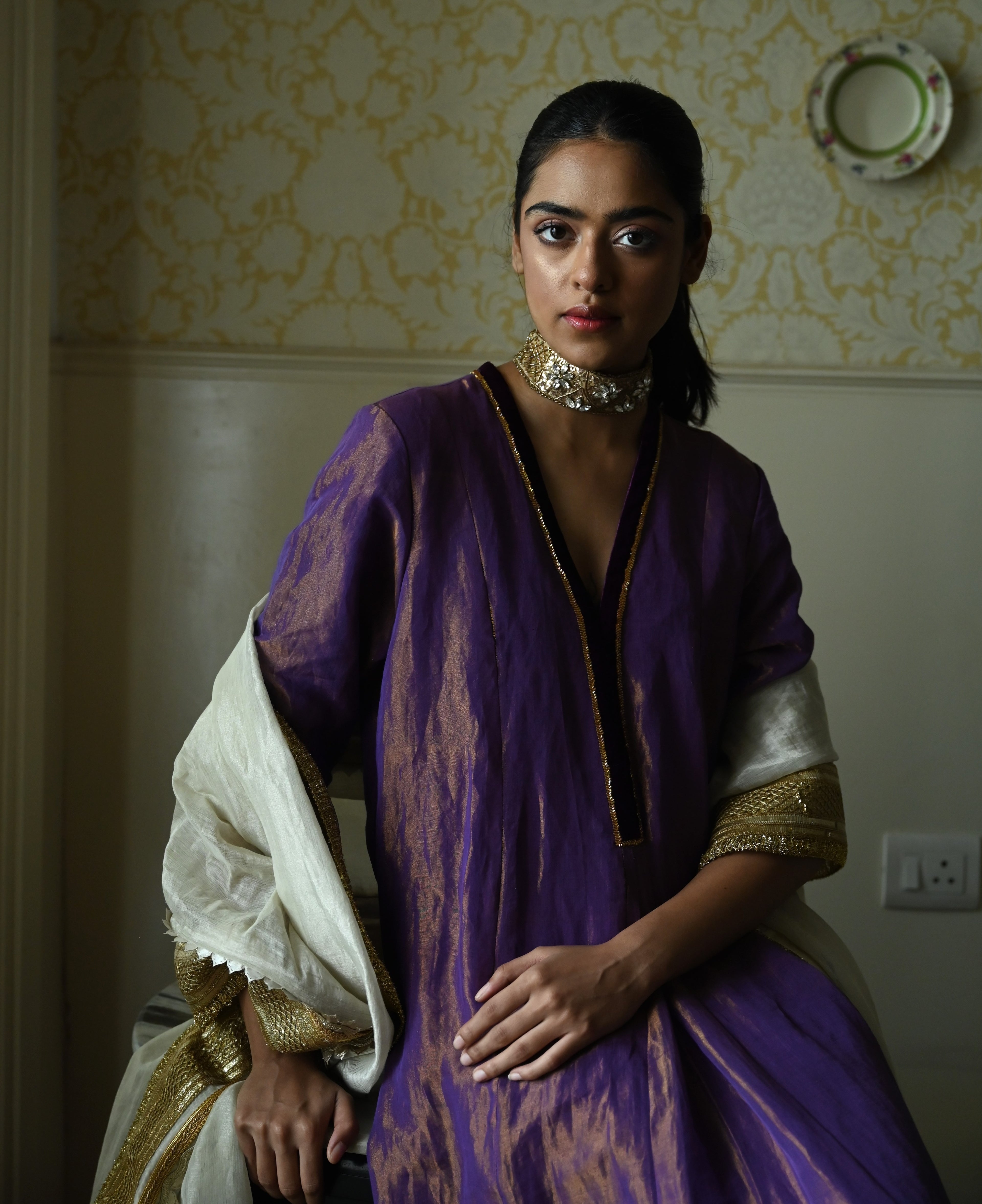 Sashiko Anarkali in Purple Tissue
