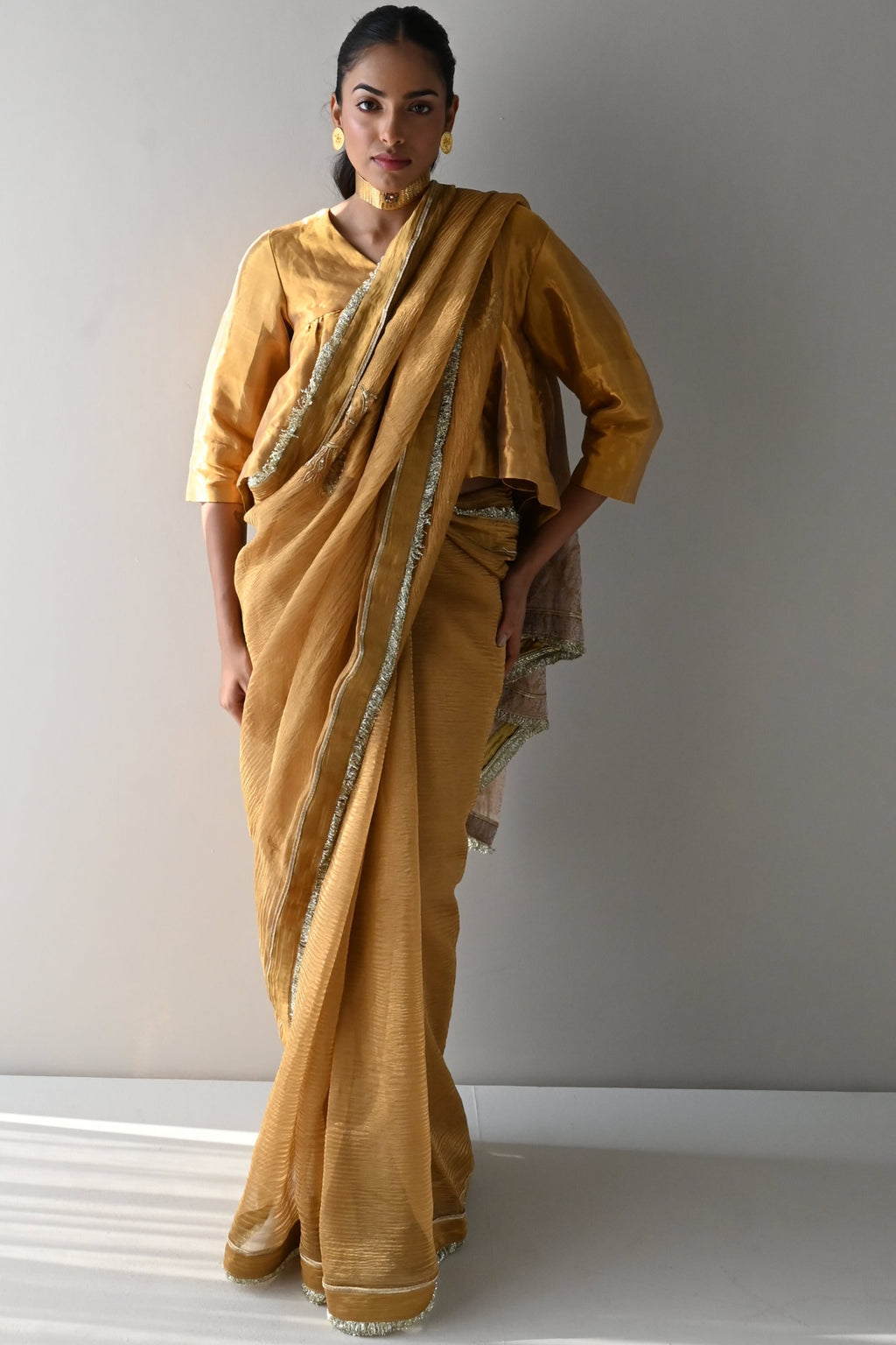Kurkuri Saree in Gold Crushed Tissue