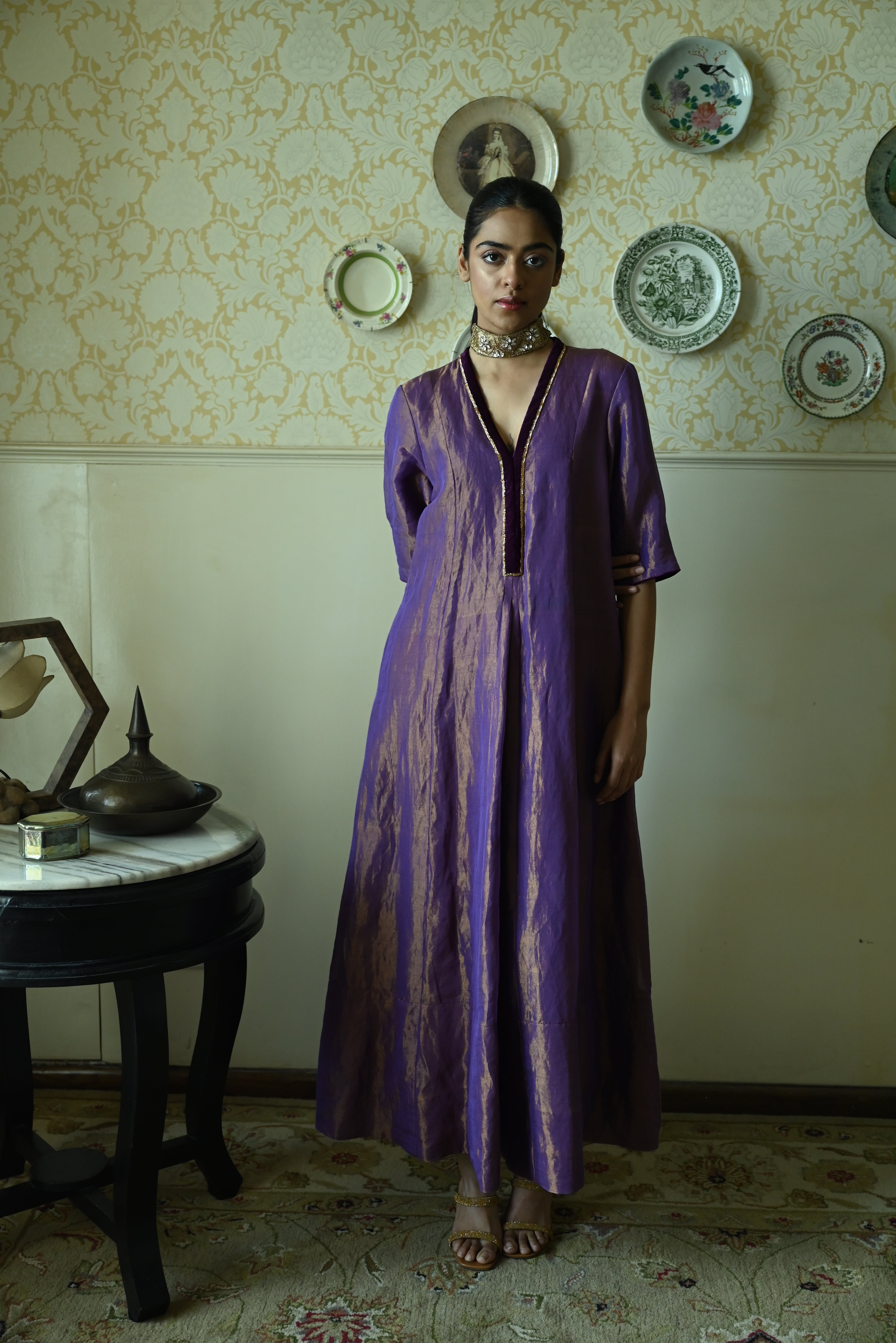 Sashiko Anarkali in Purple Tissue
