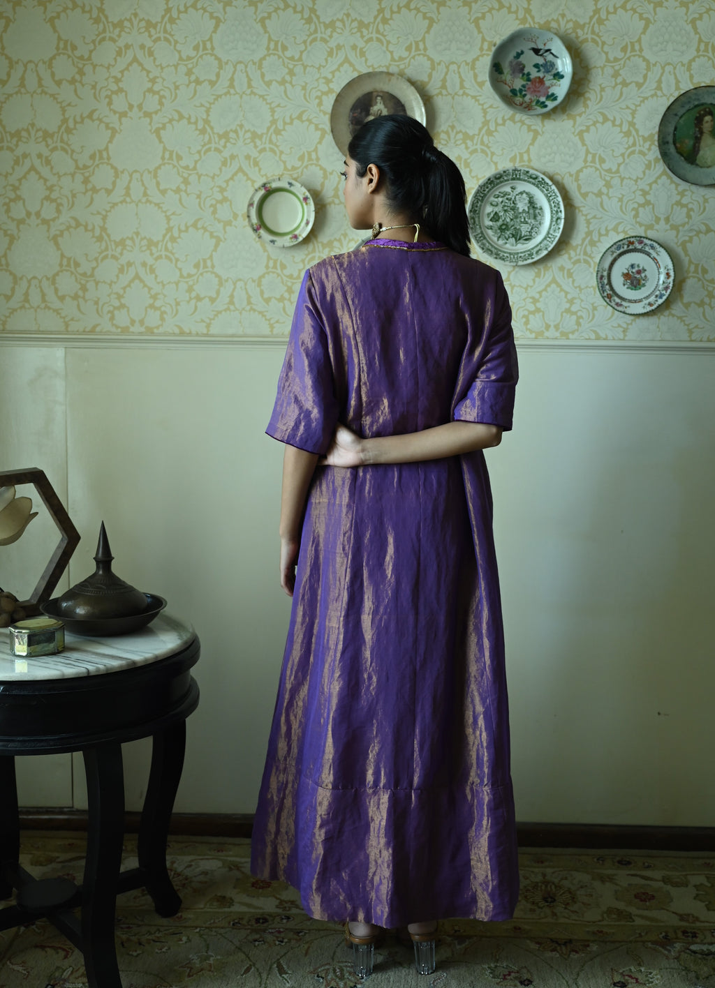 Sashiko Anarkali in Purple Tissue