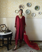 Taj kaftan in Red Raw Silk with embroidered cuff with Red Pant