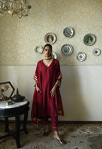 Taj kaftan in Red Raw Silk with embroidered cuff with Red Pant