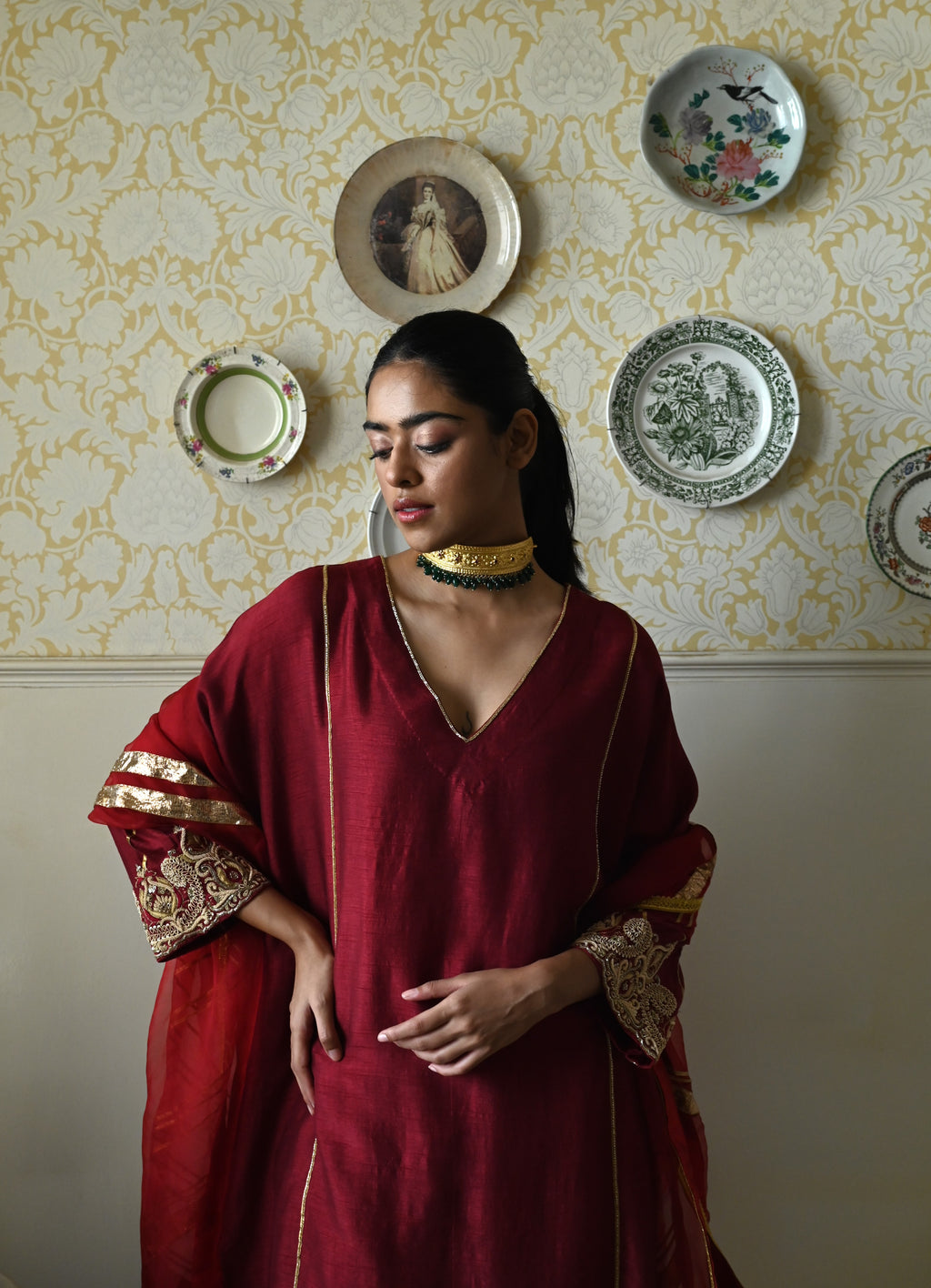 Taj kaftan in Red Raw Silk with embroidered cuff with Red Pant
