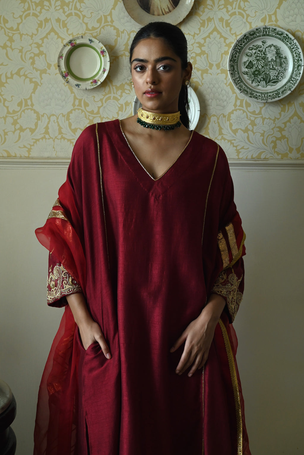 Taj kaftan in Red Raw Silk with embroidered cuff with Red Pant