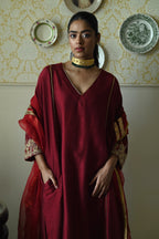 Taj kaftan in Red Raw Silk with embroidered cuff with Red Pant