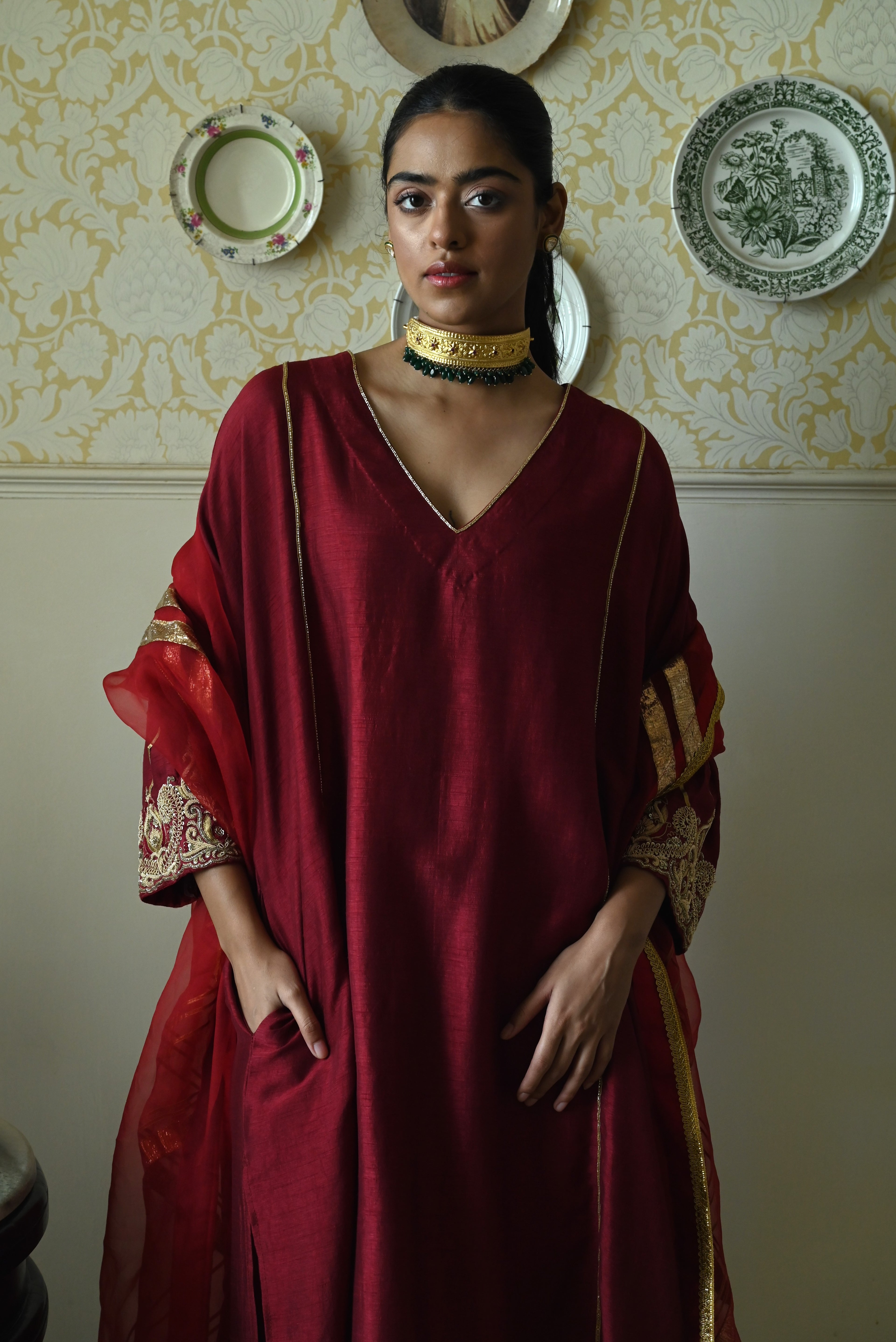 Taj kaftan in Red Raw Silk with embroidered cuff with Red Pant