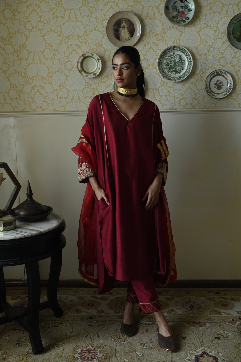 Taj kaftan in Red Raw Silk with embroidered cuff with Red Pant
