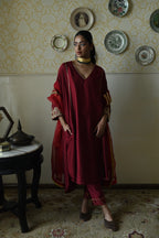 Taj kaftan in Red Raw Silk with embroidered cuff with Red Pant