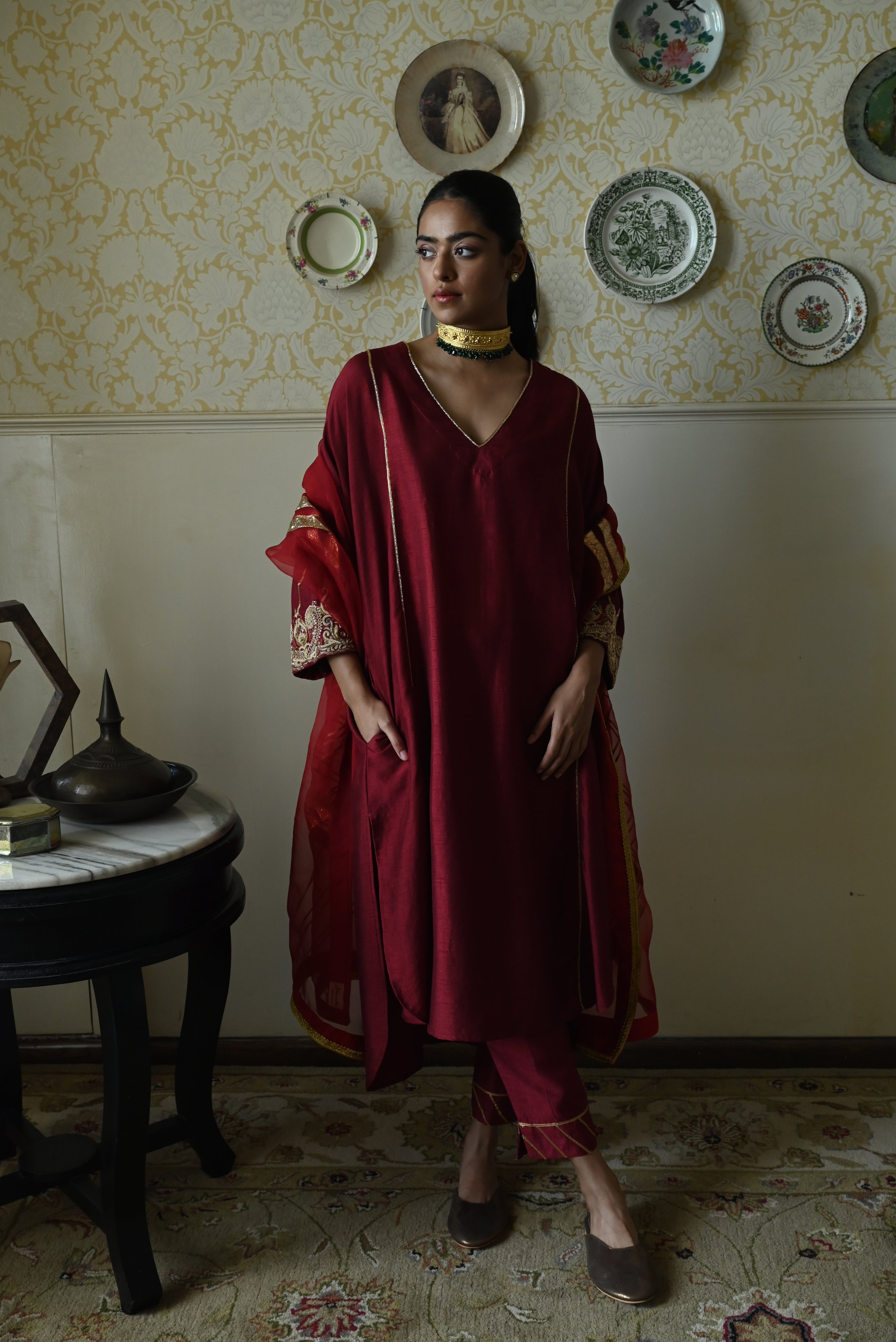 Taj kaftan in Red Raw Silk with embroidered cuff with Red Pant