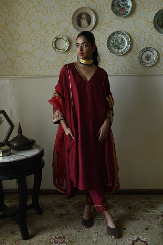 Taj kaftan in Red Raw Silk with embroidered cuff with Red Pant