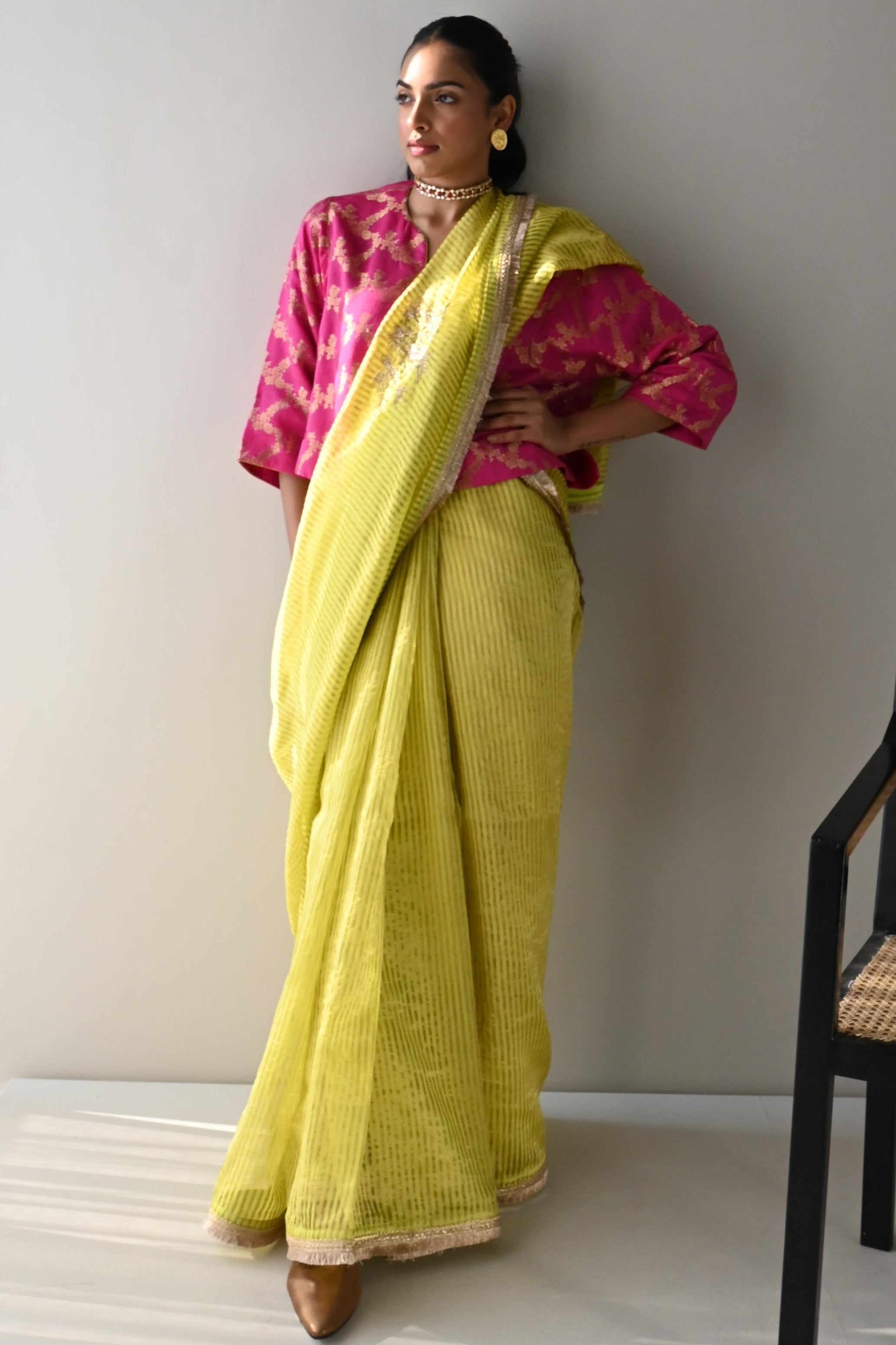 Sameena Saree in Neon Green Stripes