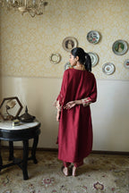 Taj kaftan in Red Raw Silk with embroidered cuff with Red Pant