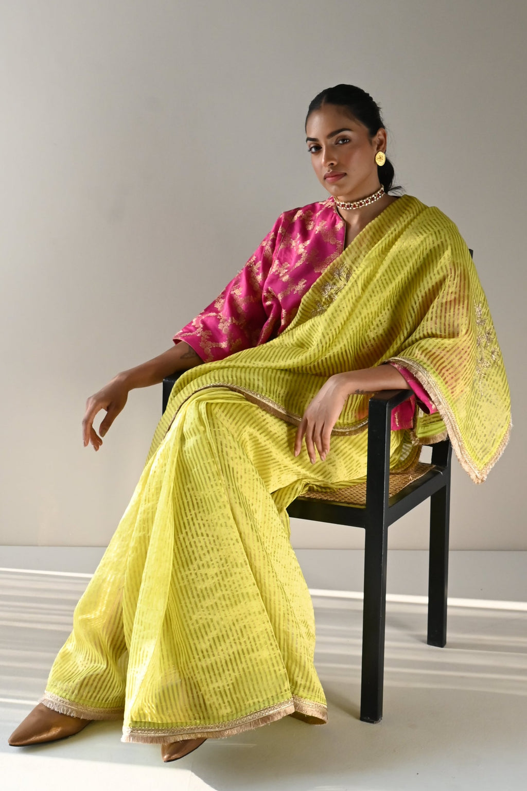 Sameena Saree in Neon Green Stripes