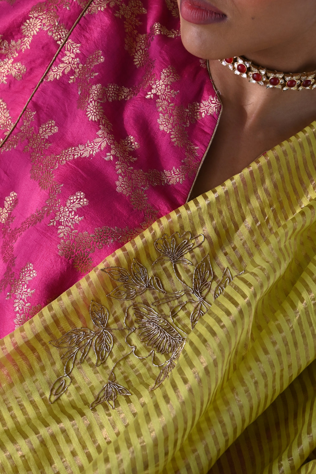 Sameena Saree in Neon Green Stripes