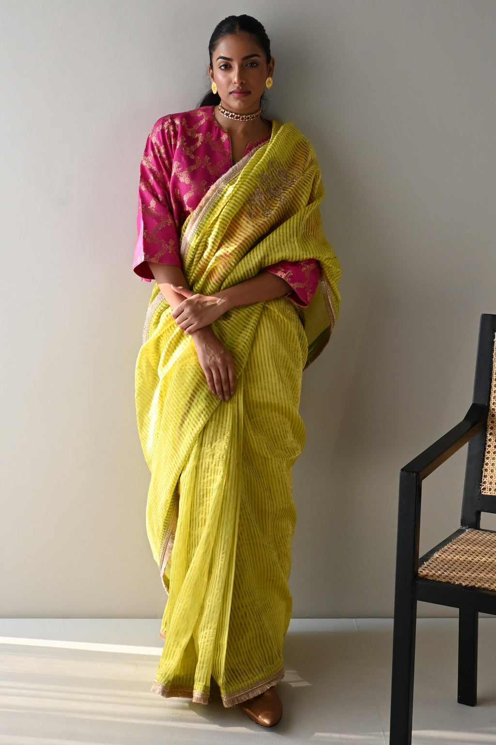 Sameena Saree in Neon Green Stripes