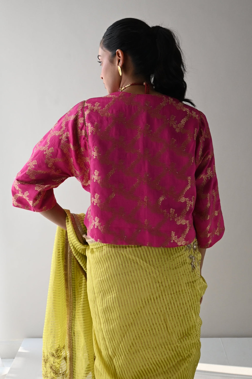 Bel Jhabla Blouse in Hot Pink Brocade