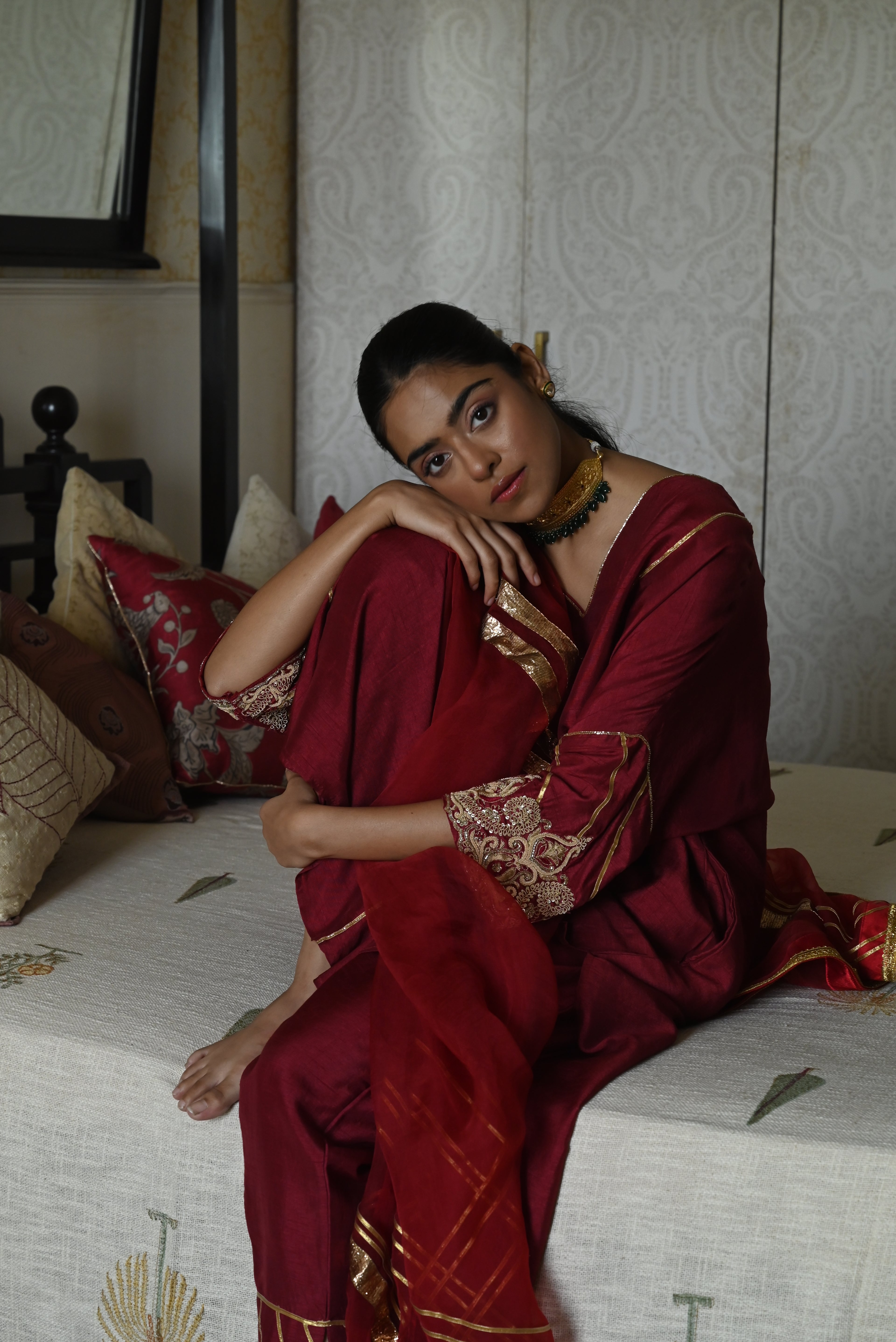 Taj kaftan in Red Raw Silk with embroidered cuff with Red Pant