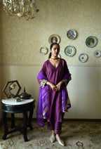 Taj kaftan in Purple Raw  Silk with embroidered cuff with Purple Pant