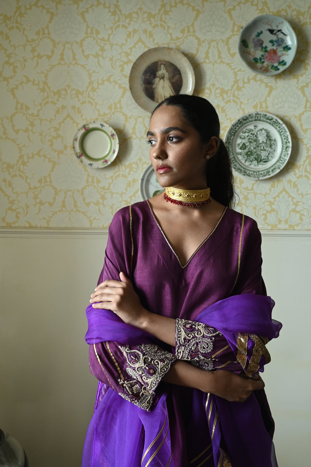 Taj kaftan in Purple Raw  Silk with embroidered cuff with Purple Pant