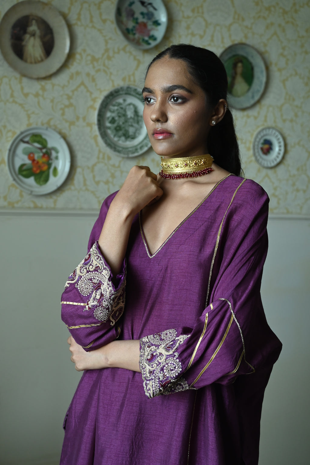 Taj kaftan in Purple Raw  Silk with embroidered cuff with Purple Pant