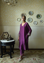 Taj kaftan in Purple Raw  Silk with embroidered cuff with Purple Pant