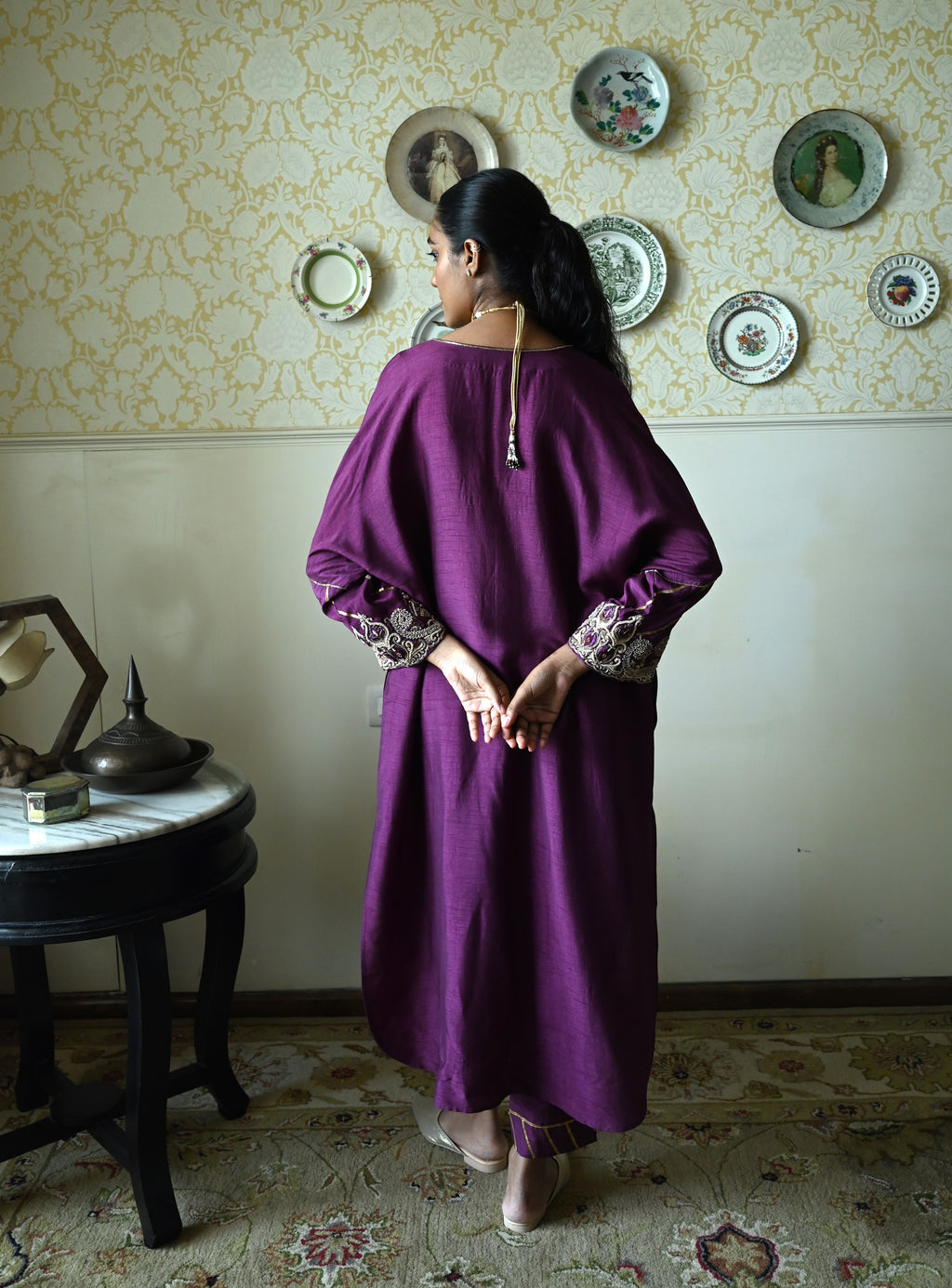 Taj kaftan in Purple Raw  Silk with embroidered cuff with Purple Pant