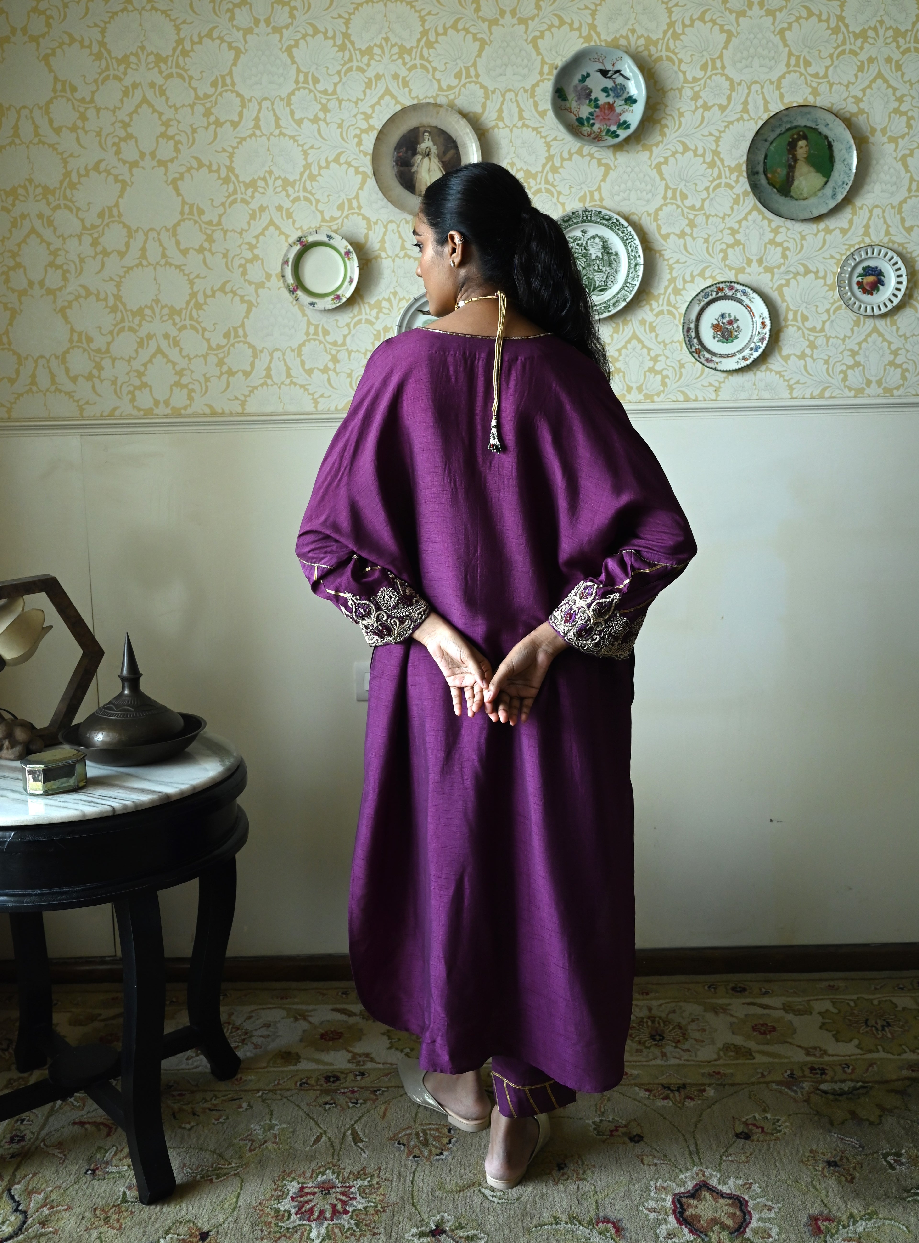 Taj kaftan in Purple Raw  Silk with embroidered cuff with Purple Pant